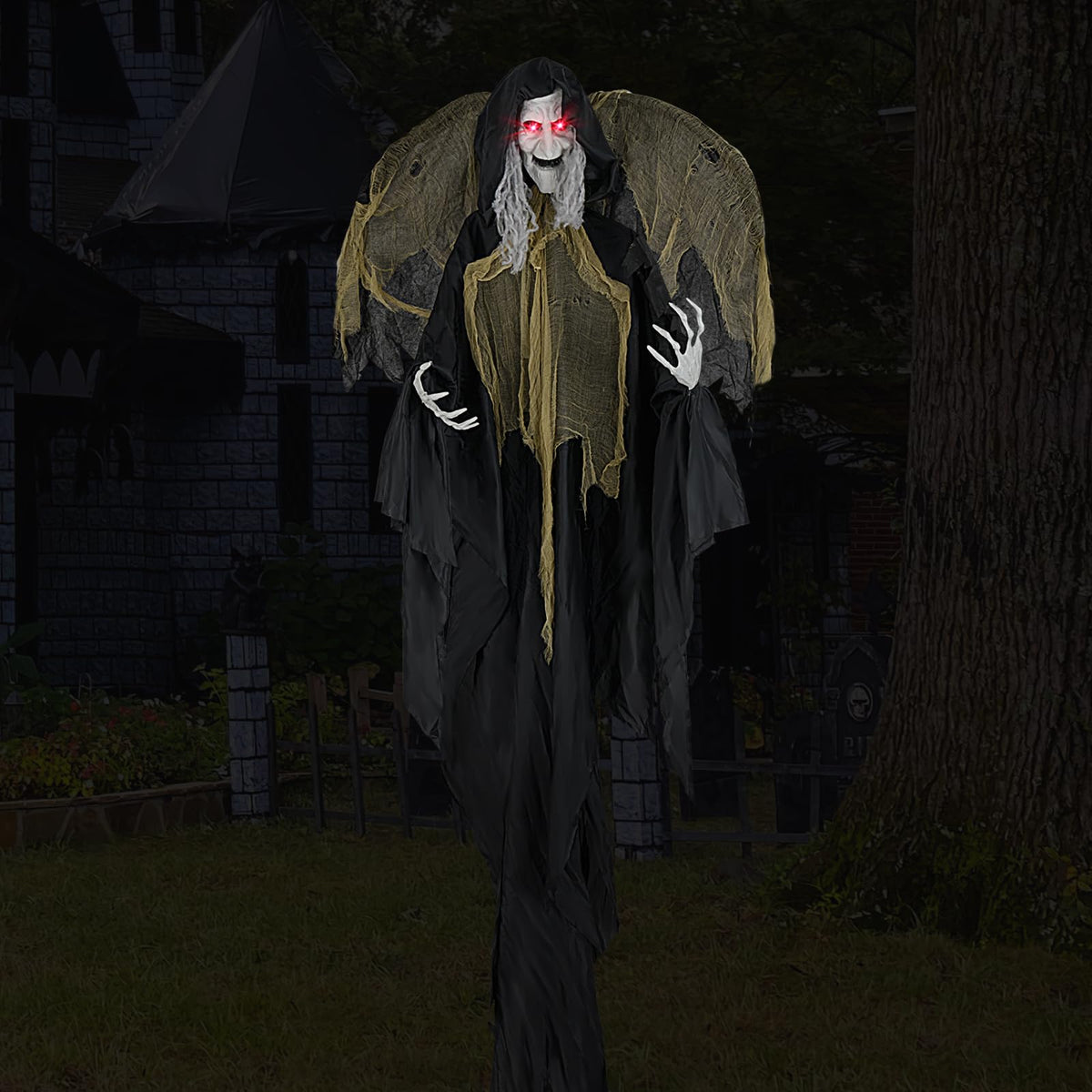 Lucktree 8.2 FT Halloween Standing Witch, Poseable Halloween Animatronic Prop with Light up Eyes