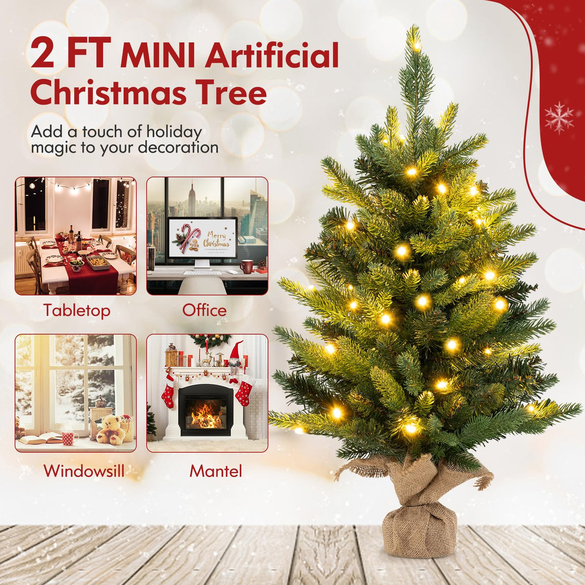 Lucktree 2ft Pre-Lit Tabletop Christmas Tree, Small Artificial Spruce Tree w/ 35 LED Lights