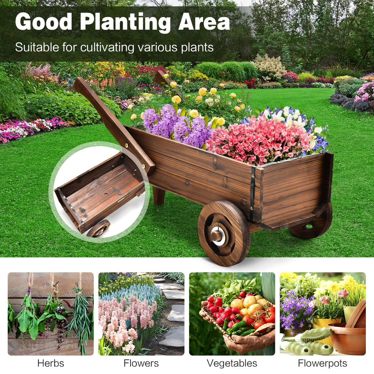 Lucktree Wooden Wagon Planter Box, Decorative Wagon Cart with Wheels, Handles