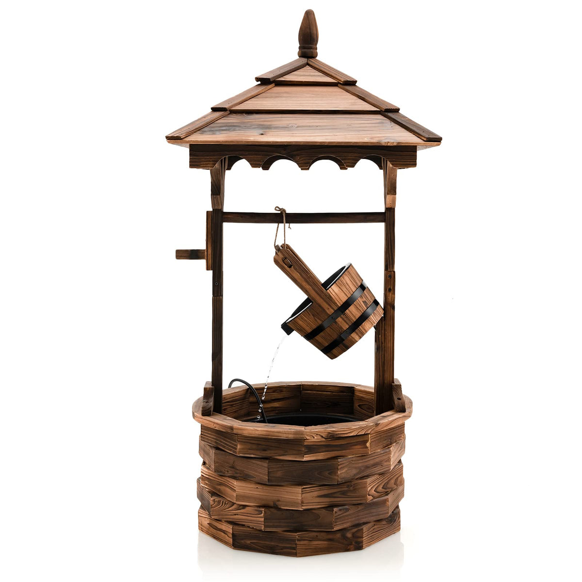 Lucktree Rustic Wishing Well Fountain, Outdoor Wooden Water Fountain with Electric Pump
