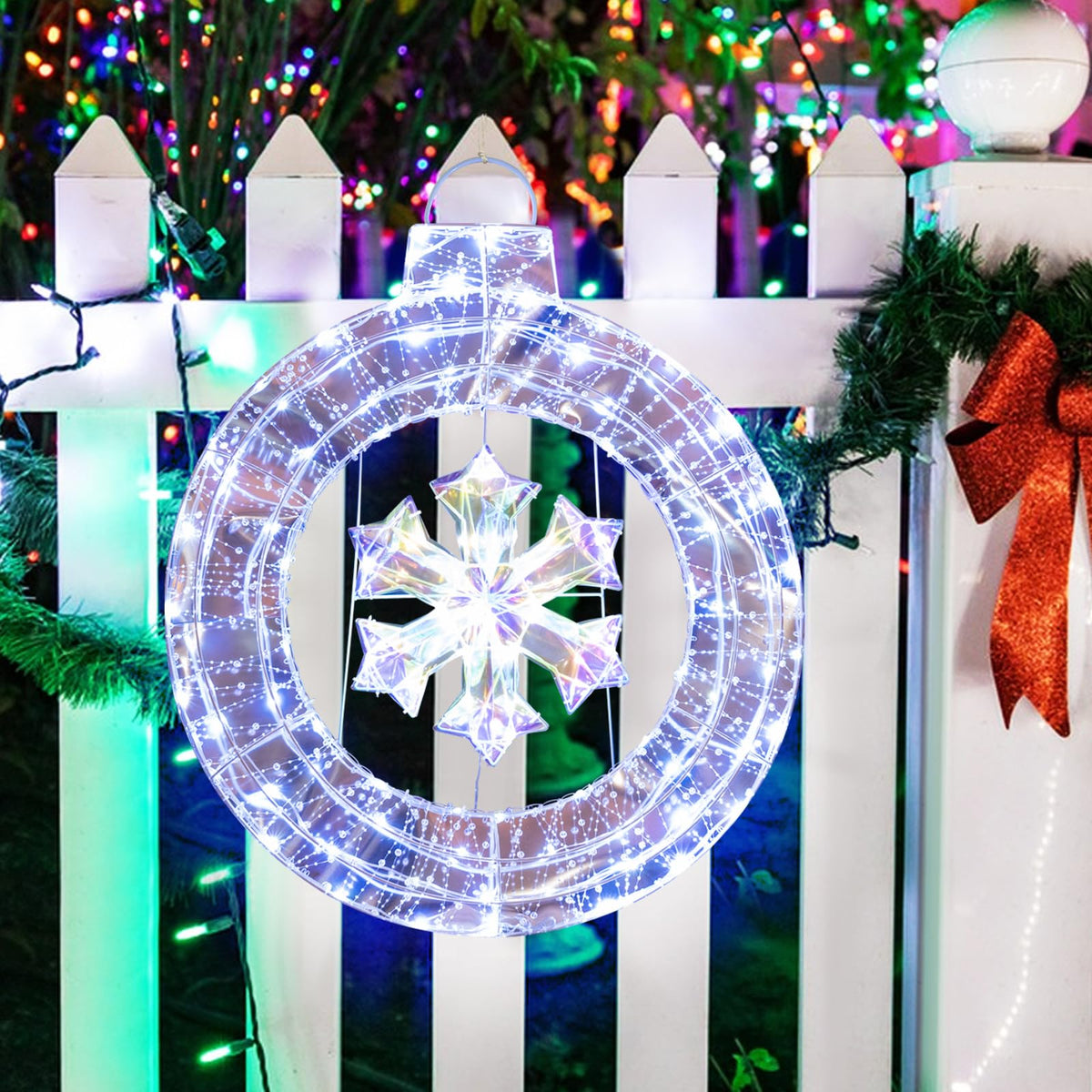 Lucktree 33” Lighted Ornament with Snowflake, Pre-Lit Christmas Wreath with 128 Cold White LED Lights