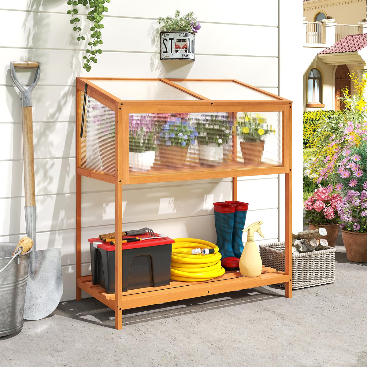Lucktree Wood Cold Frame Greenhouse with Transparent Openable Roof & Slatted Shelf