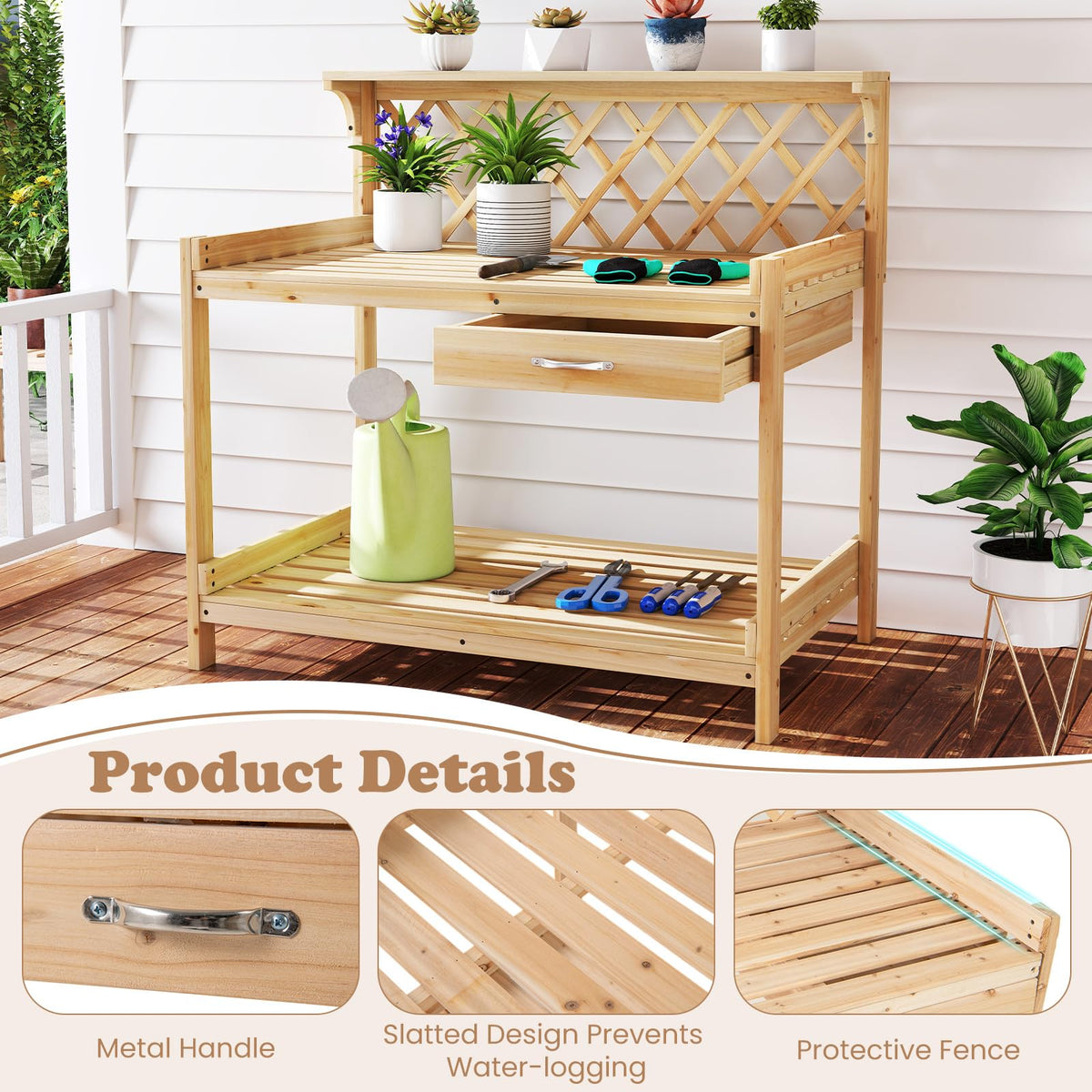 Lucktree Wood Potting Table with 3 Tier Shelves