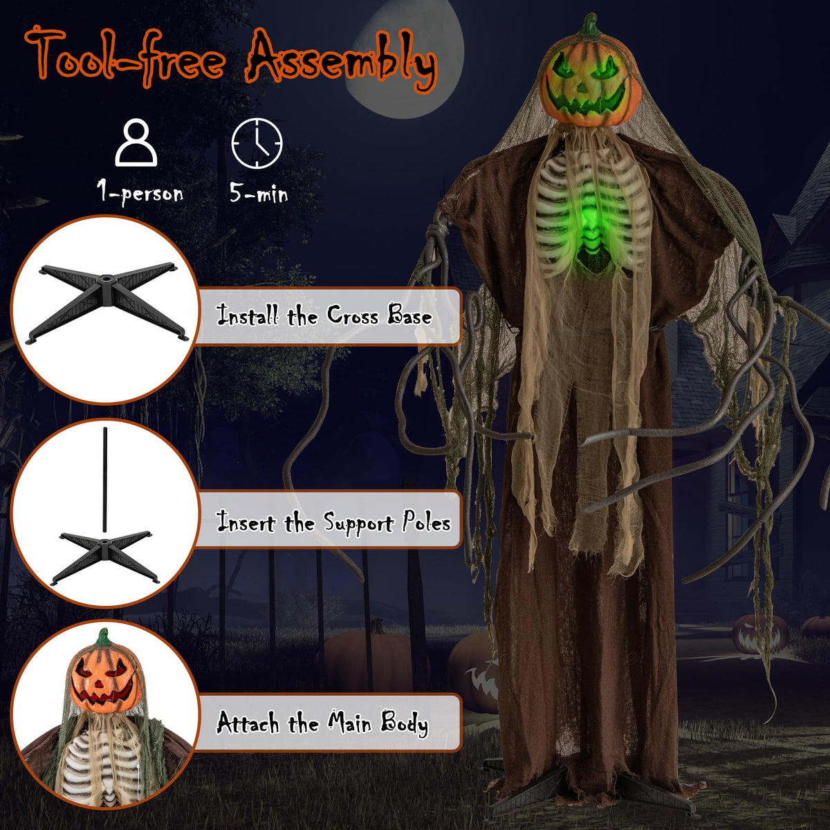 Lucktree 6 FT Halloween Light Up Talking Ghost Pumpkin with Glowing Ribs and Moving Head
