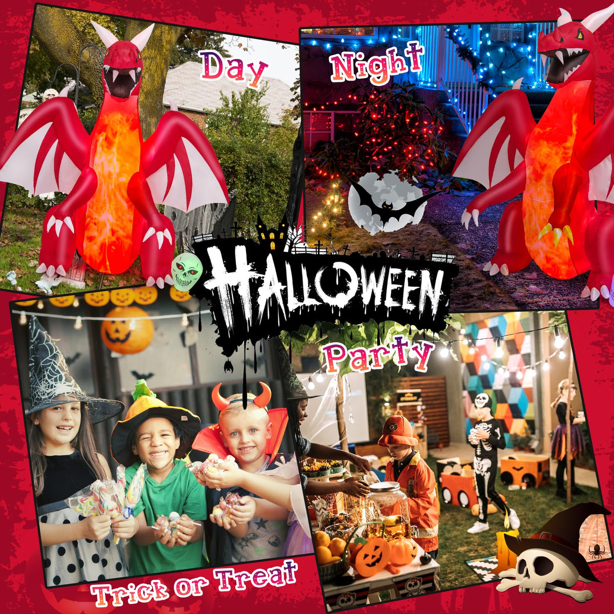 Lucktree 8 FT Halloween Inflatable Fire Dragon, Blow-up Red Dragon