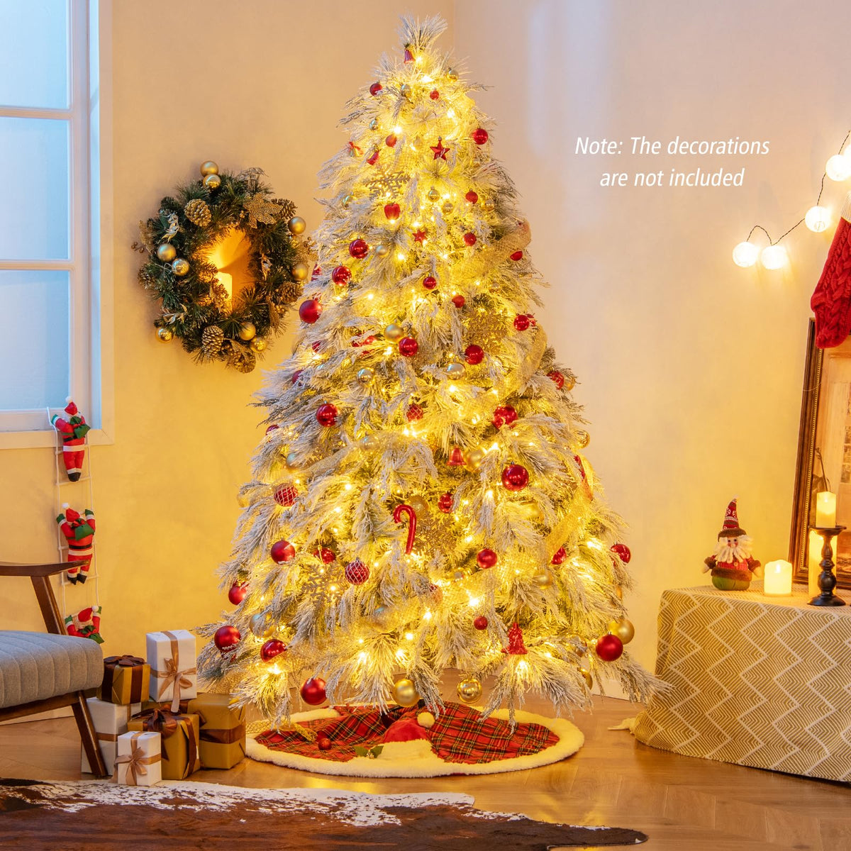 Lucktree 7ft Pre-Lit Snow Flocked Christmas Tree, Artificial Hinged Full Xmas Tree with 743 PVC & Pine Needles
