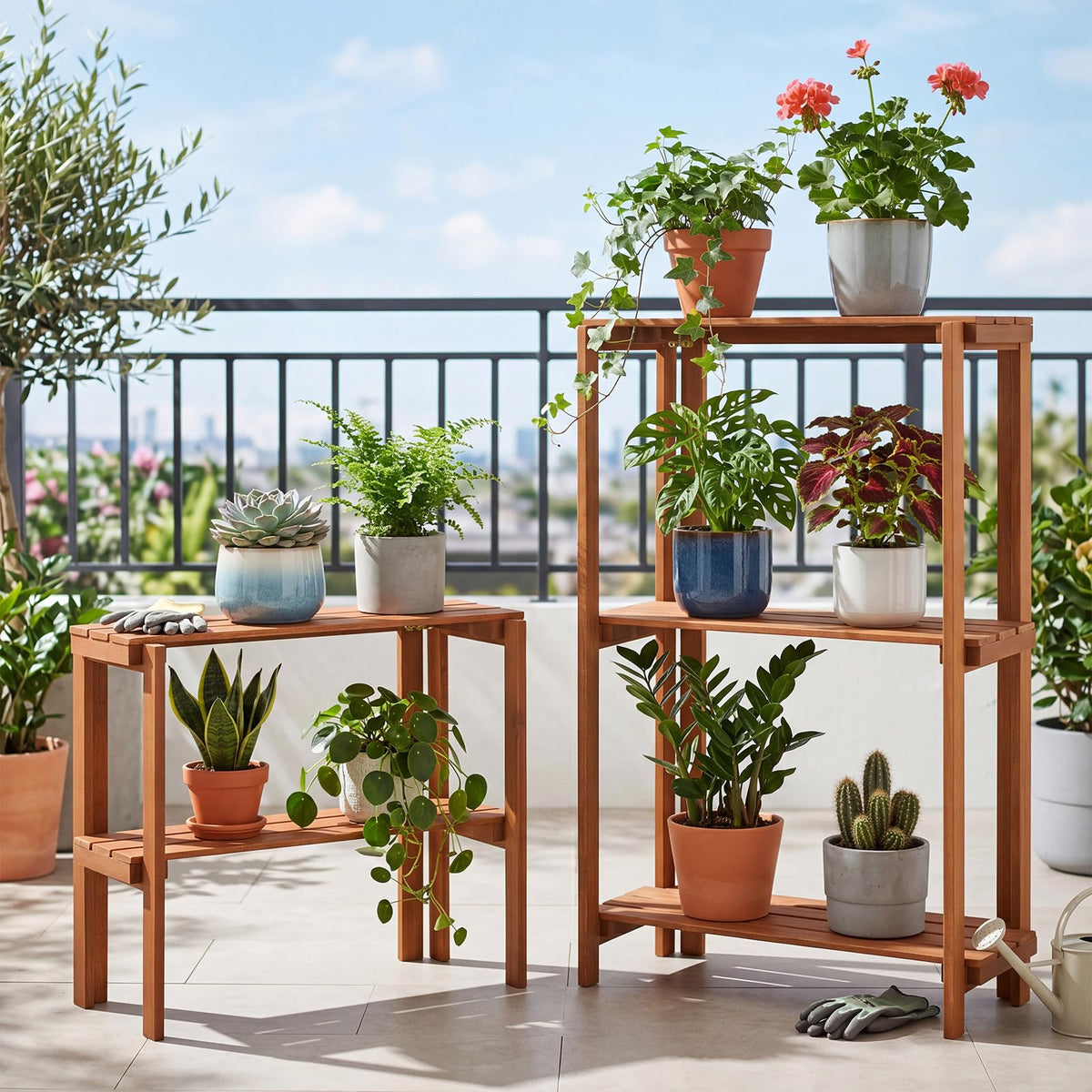 Lucktree 3-Tier Foldable Solid Wood Indoor Outdoor Flower Pot Display Rack
