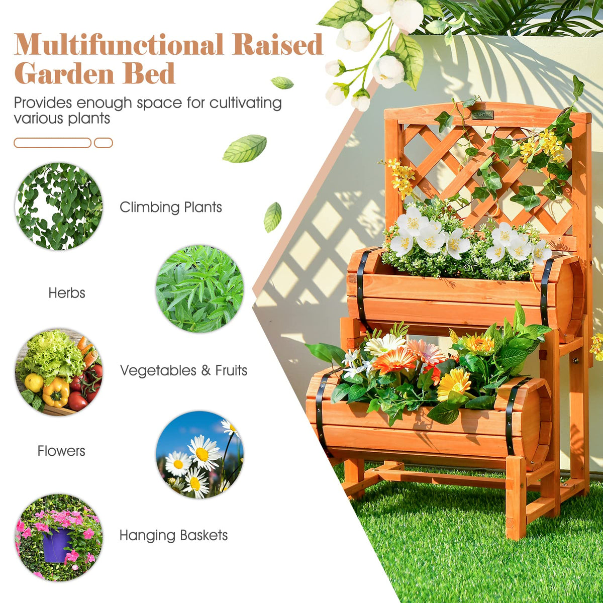 Lucktree Raised Garden Bed with 2 Barrel Planters & Trellis, 2-Tier Freestanding Wooden Raised Bed for Vegetable Flower Fruit