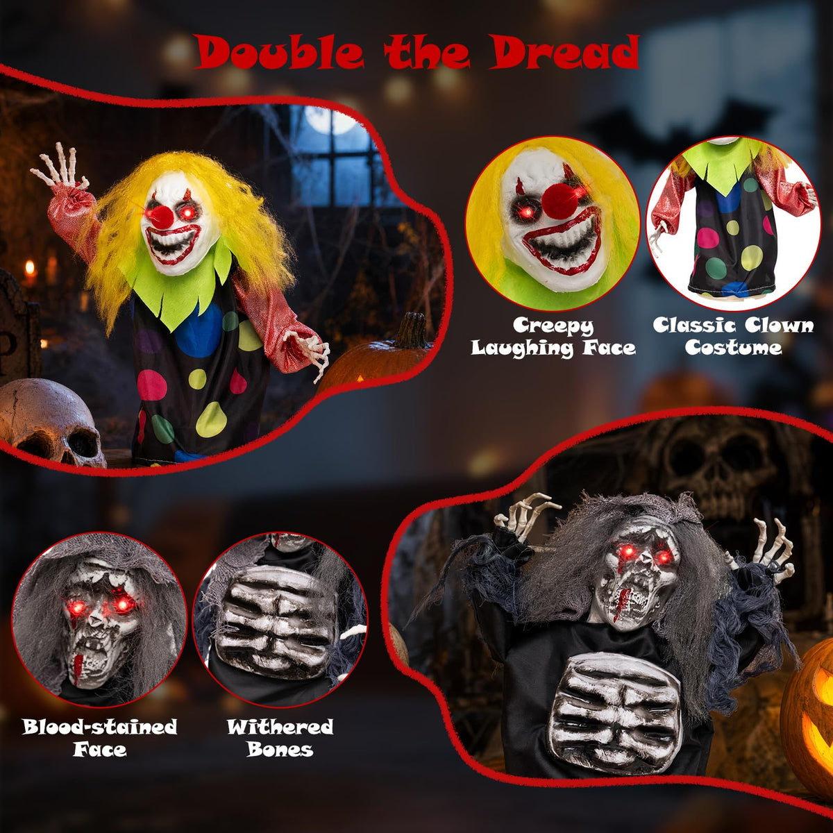 Lucktree 2 Pack Halloween Animated Tabletop Clown & Grim Reaper Decorations