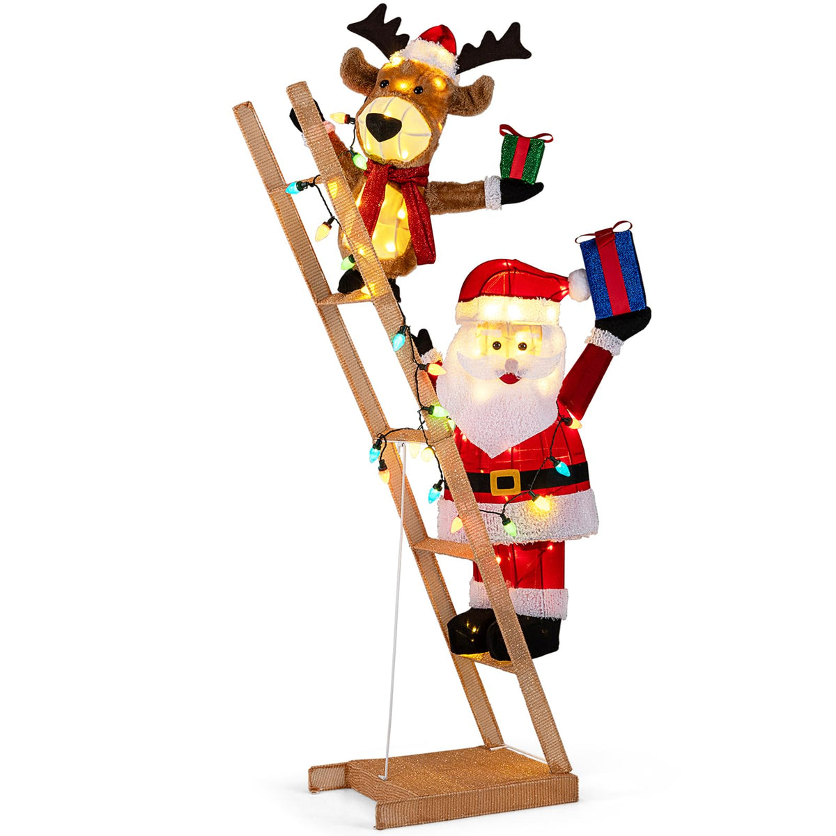 Lucktree 5.5 FT Lighted Reindeer & Santa Claus on Ladder