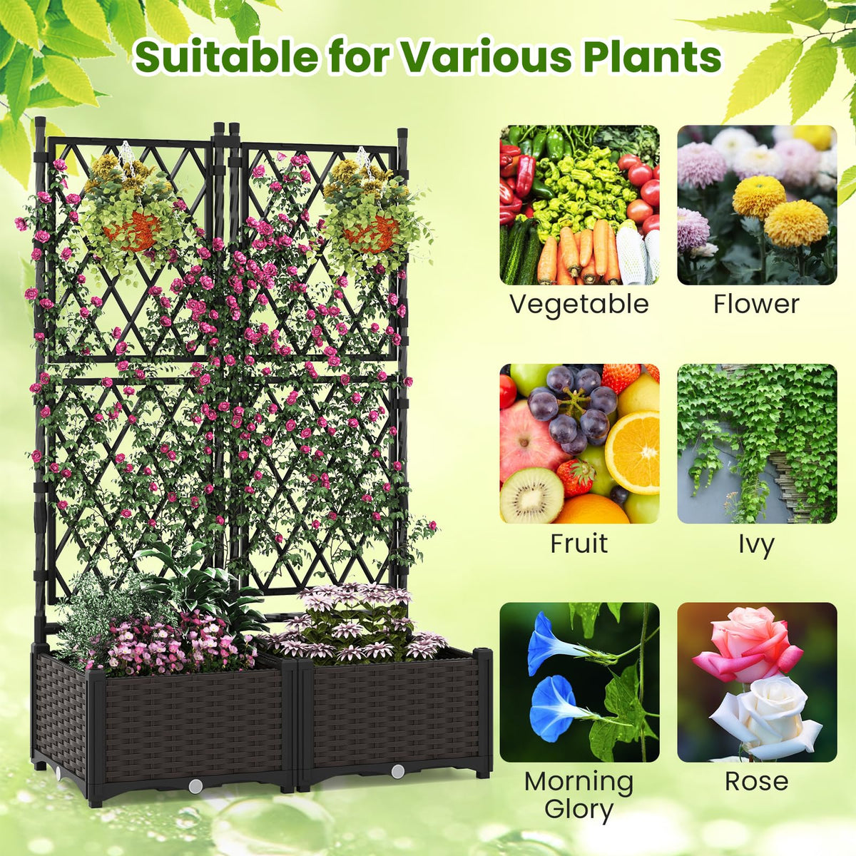 Lucktree Raised Garden Bed with Lattice Trellis Self-Watering Planter Box(32"LX16"WX50"H)