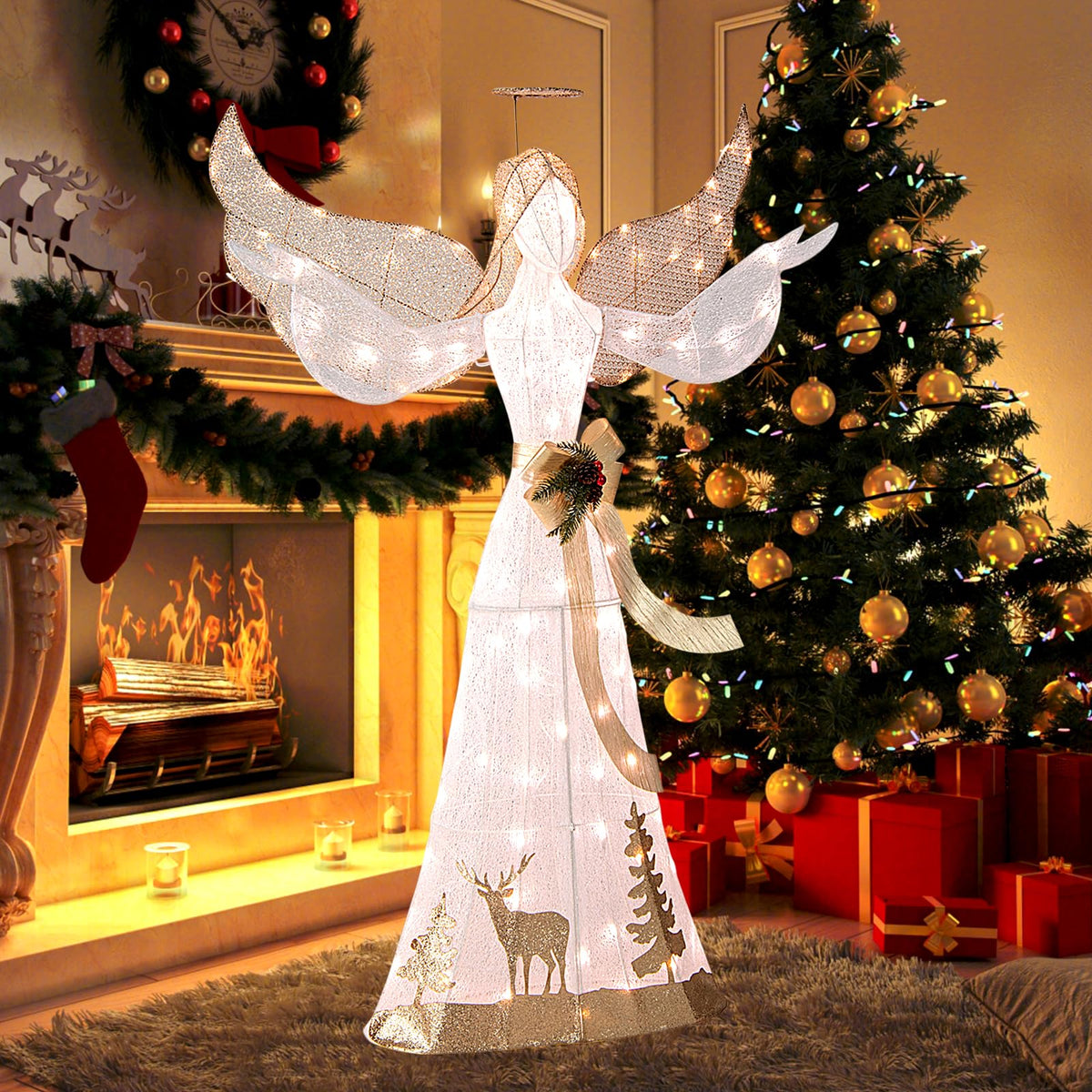 Lucktree Pre-lit 3D Glittered Angel with 100 Warm White Lights Halo Bow Ground Stakes