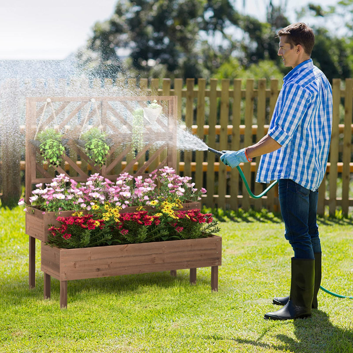 Lucktree Raised Garden Bed with Trellis, 2-Tier Wooden Planter Box with Legs and Drain Holes (Brown)