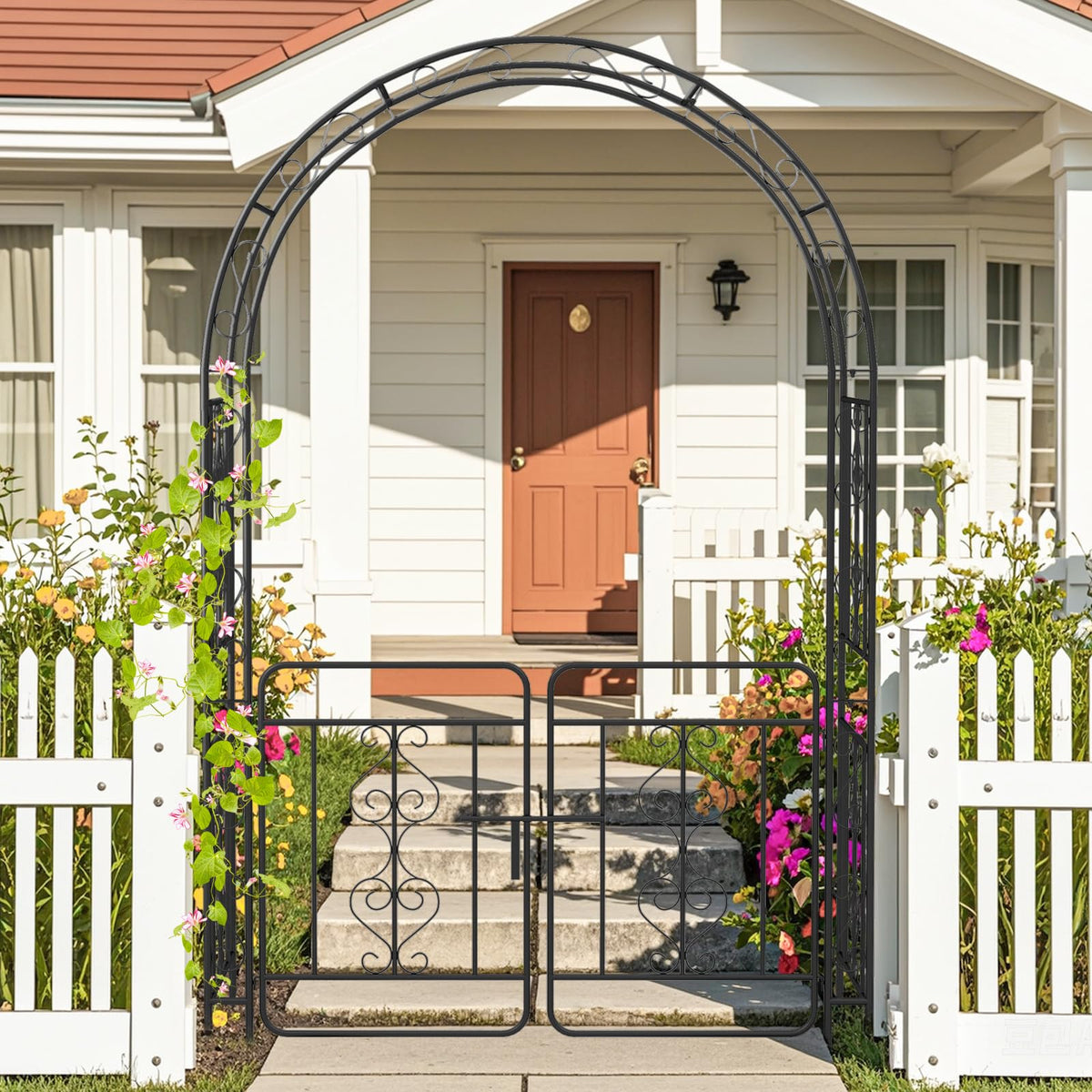 Lucktree Garden Arbor with Gate, 84" H x 54" W Metal Arch Trellis for Climbing Plants Rose Vines