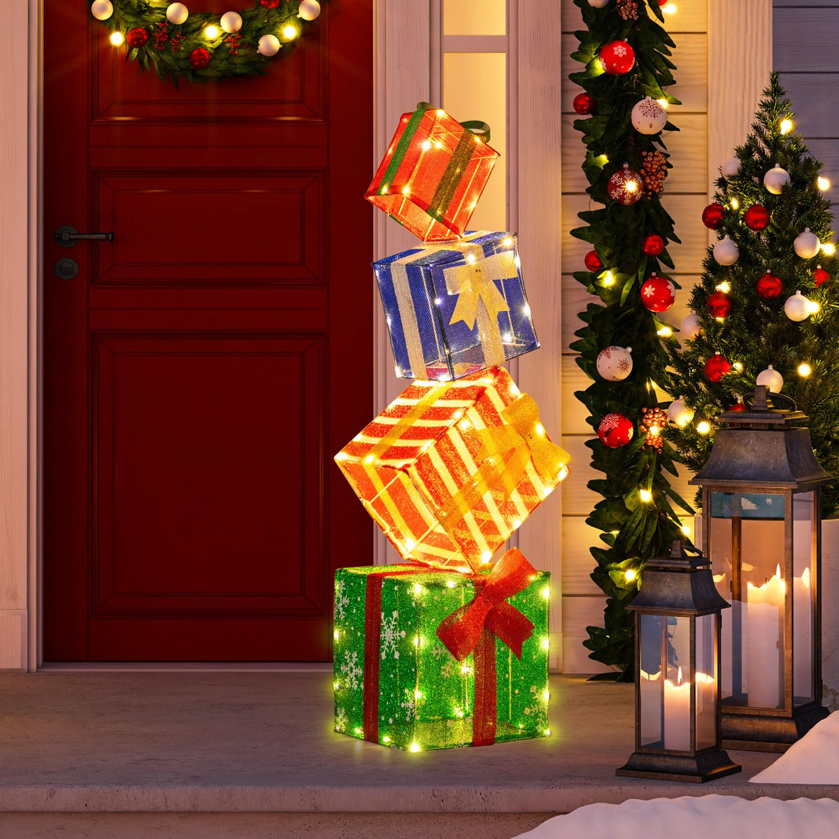 Lucktree Lighted Gift Boxes, Set of 4 Stackable Pre-lit Box Decorations with Warm White LED Lights & Pre-Assembled Ribbons