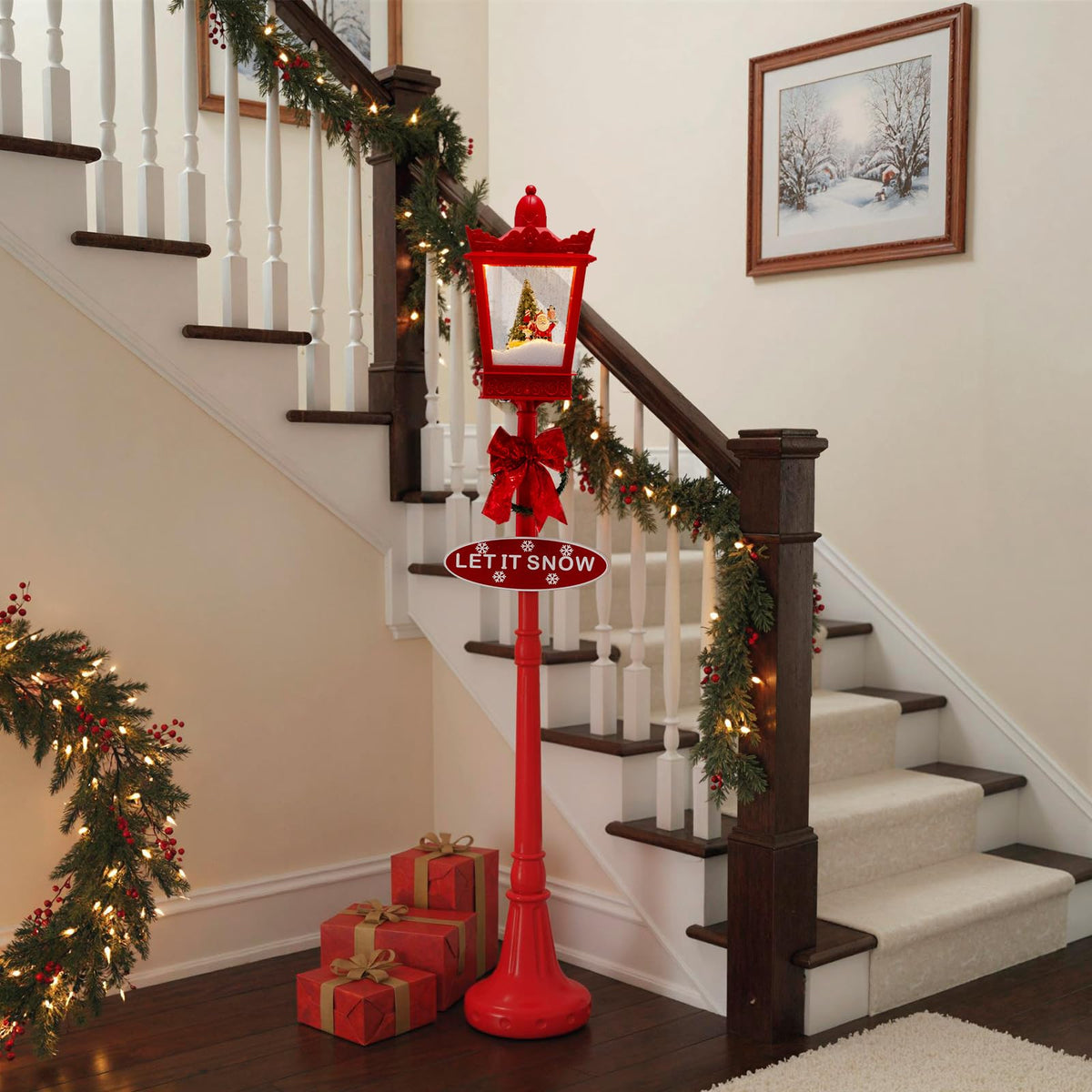 Lucktree 8 ft Musical Christmas Streetlight w/Warm White LED Lights Snowy Effects Santa Scene