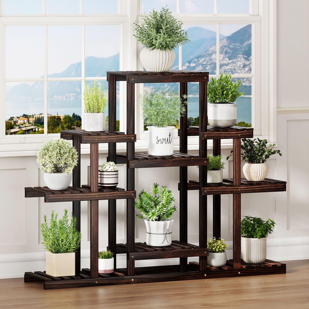 Lucktree Plant Stand Indoor & Outdoor 6 Tier Wood Flower Pot Stand for Multiple Plants