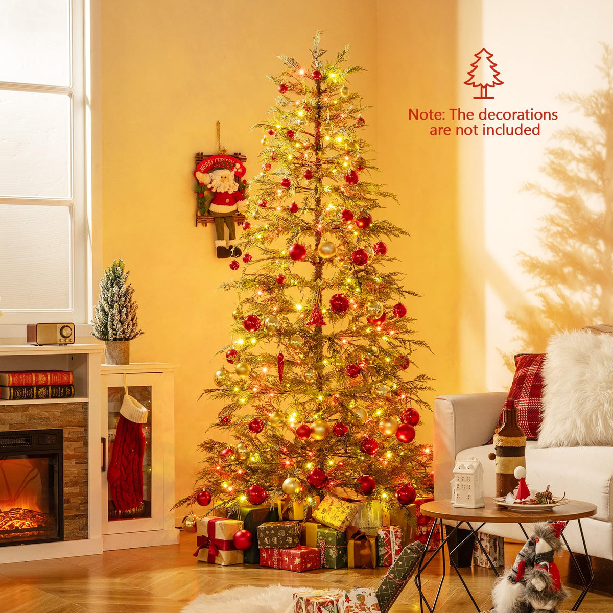 Lucktree 6.5FT / 7.5FT Pre-Lit Hinged Sparse Xmas Fir Tree with Multicolored LED Lights
