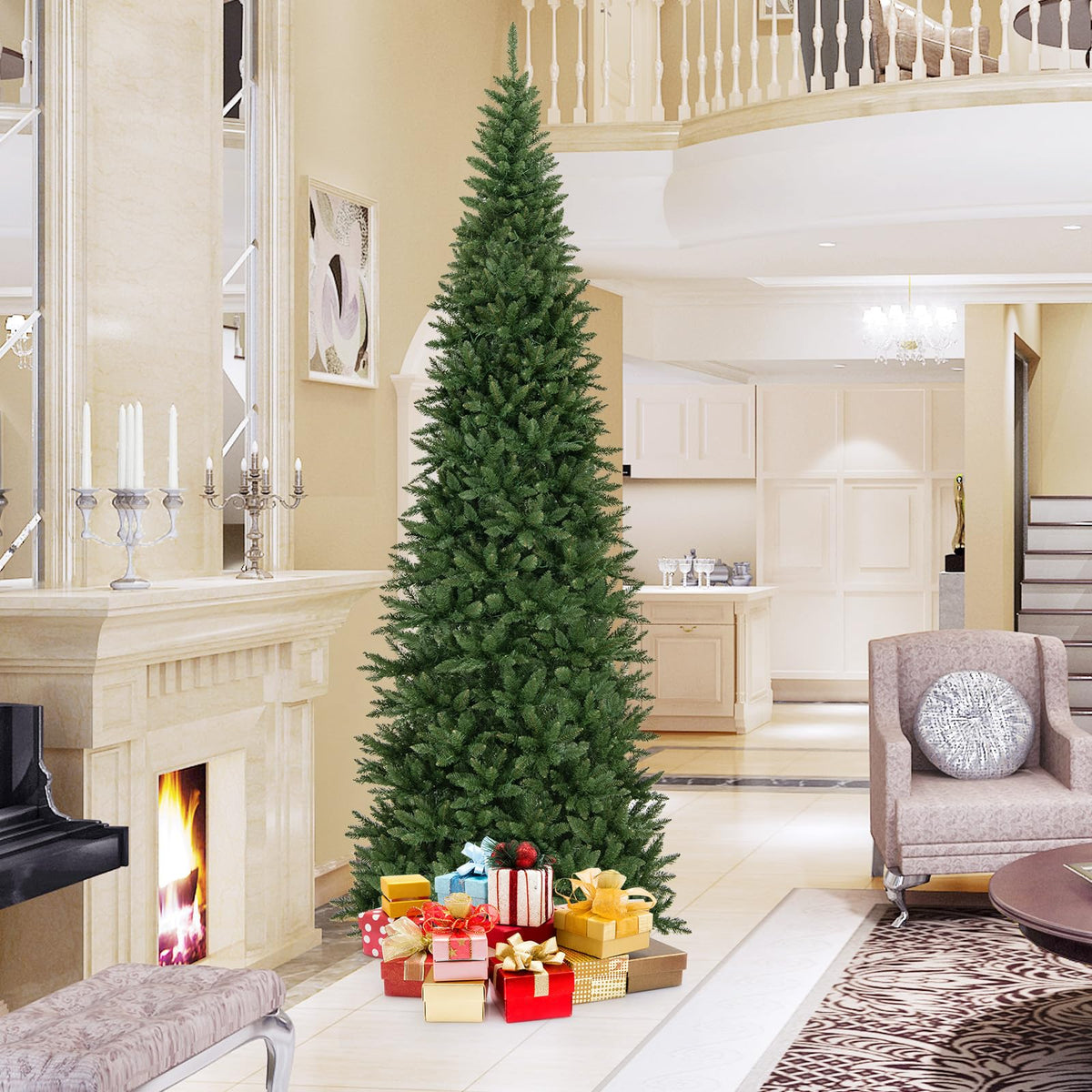Lucktree 12ft Pre-Lit Artificial Christmas Tree with 360° Quick Power Connector