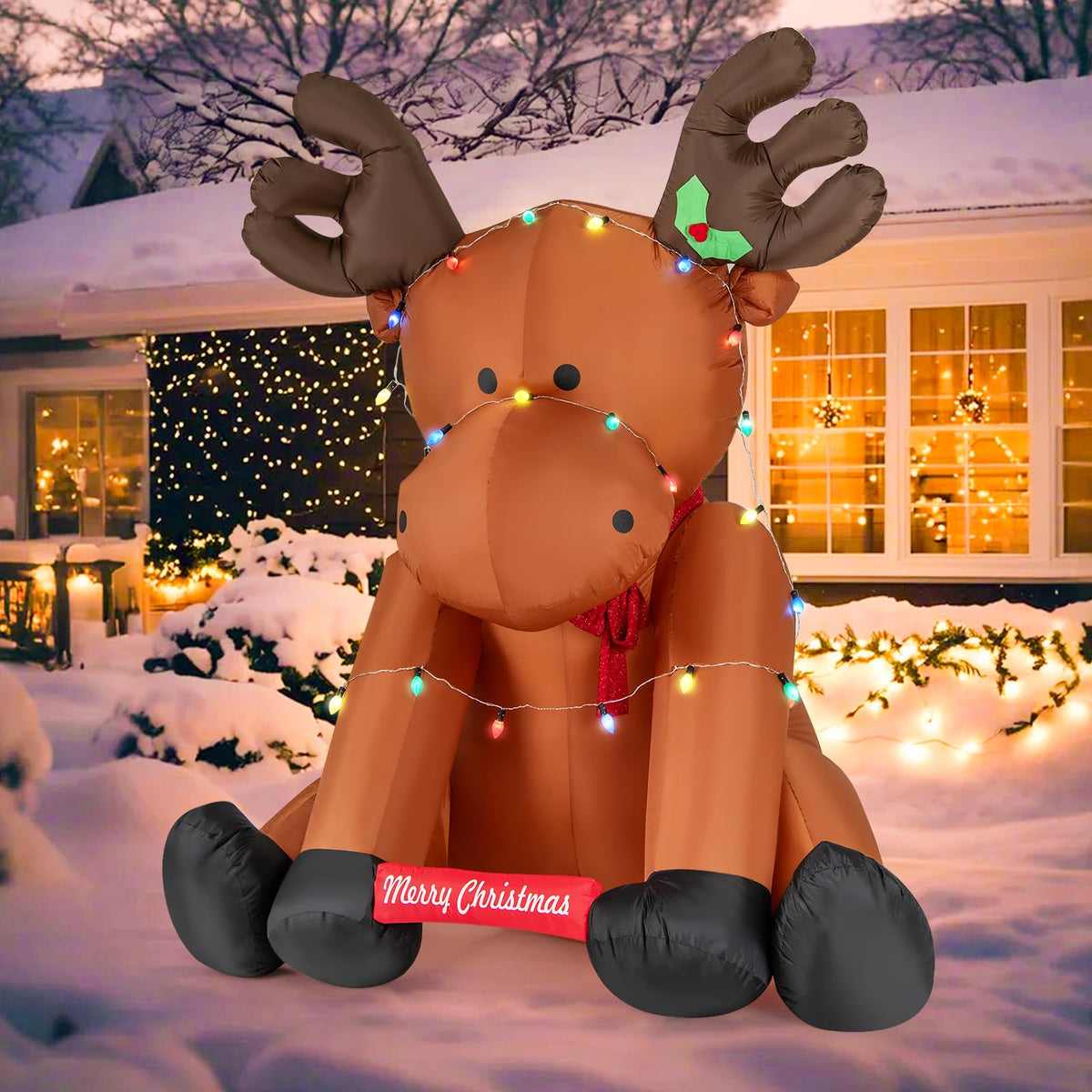 Lucktree 8.5 FT Tall Multi-Color Lighted Xmas Inflatable Reindeer Sitting on The Ground