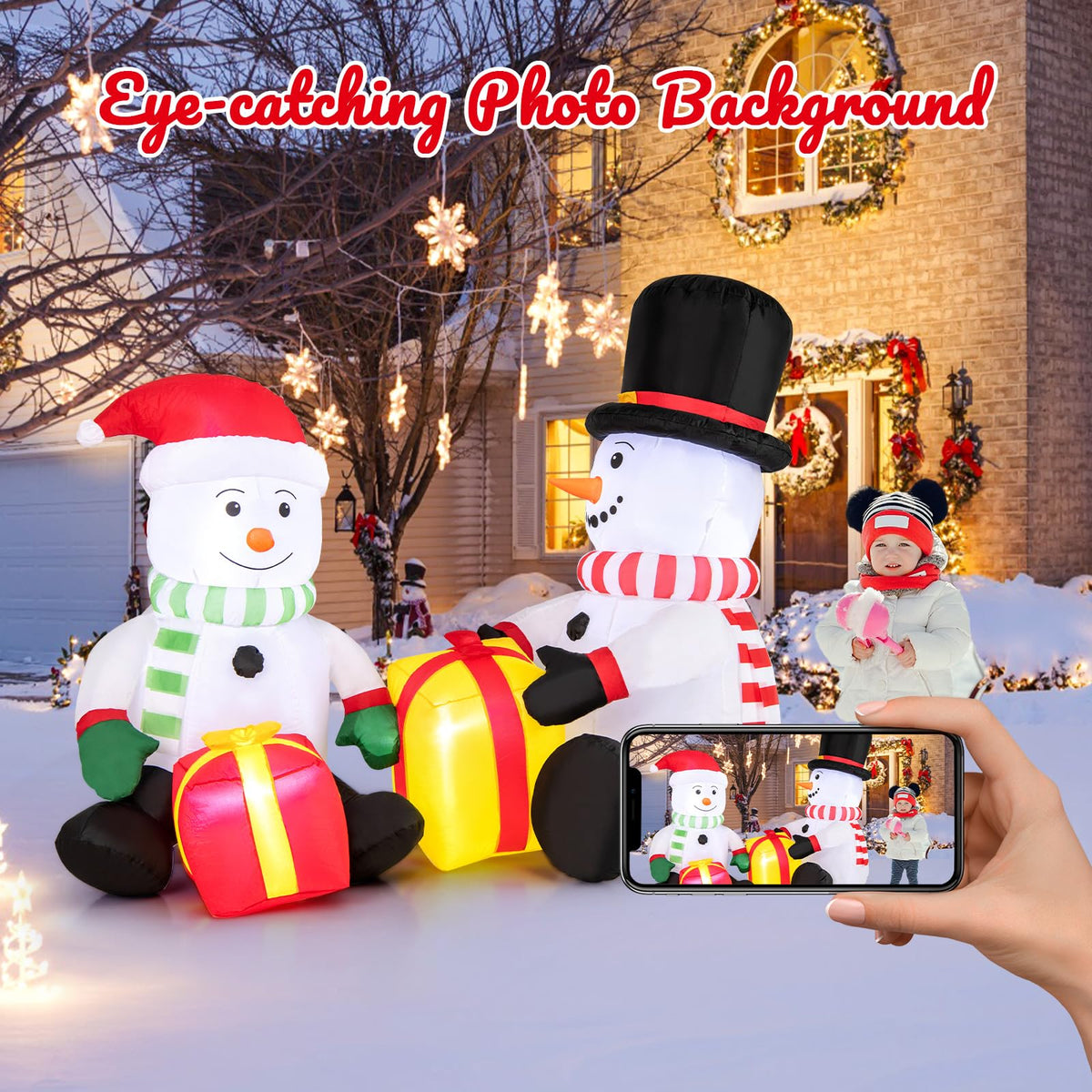 Lucktree 5FT Christmas Inflatables, LED Lighted Xmas Double Inflatable Snowmen Holding Gift Boxes