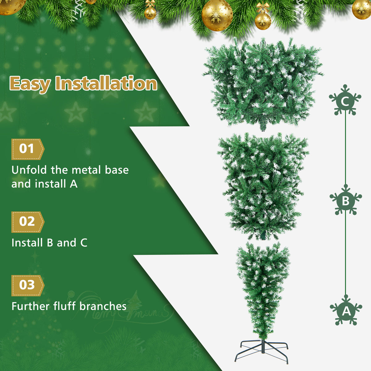 7.5 FT Pre-lit Upside Down Christmas Tree, Snow Flocked Artificial Xmas Tree with 1100 PVC Branch Tips