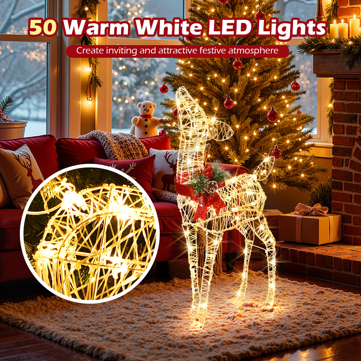 Lighted Christmas Reindeer Decoration, Small Holiday Deer Figure with 50 LED Lights & 4 Stakes