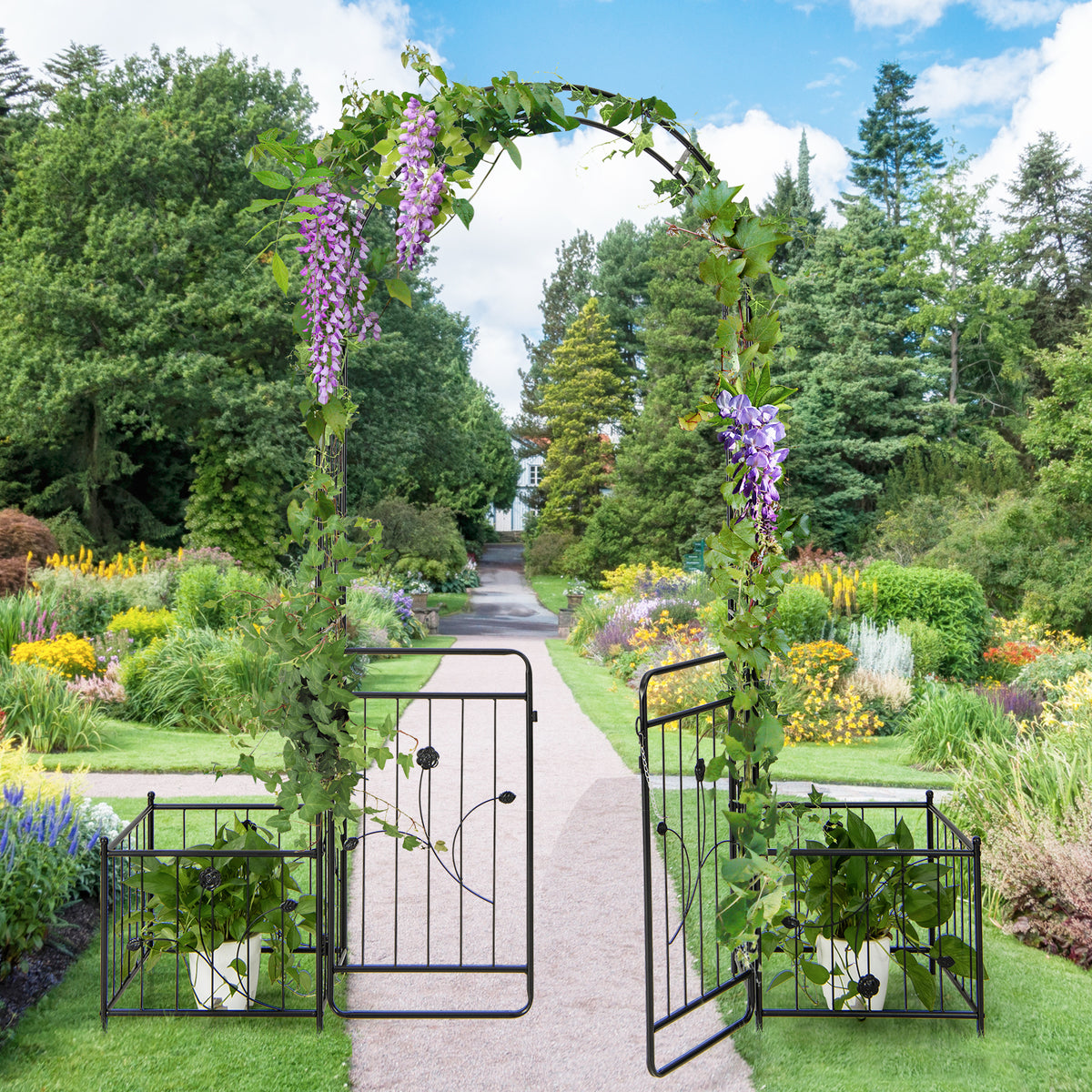 87" Steel Garden Arch with Planter Beds, Dig-Free Wedding Arbor w/Lockable Gates for Vines