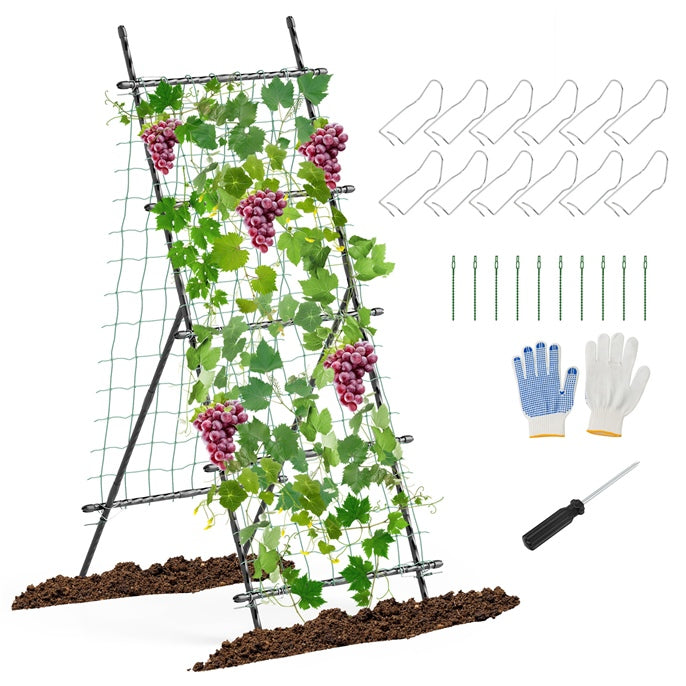 74" Raised Bed Cucumber Trellis, Outdoor Garden Trellis w/Netting, PE-Coated Metal Plant Support for Climbing Vegetables