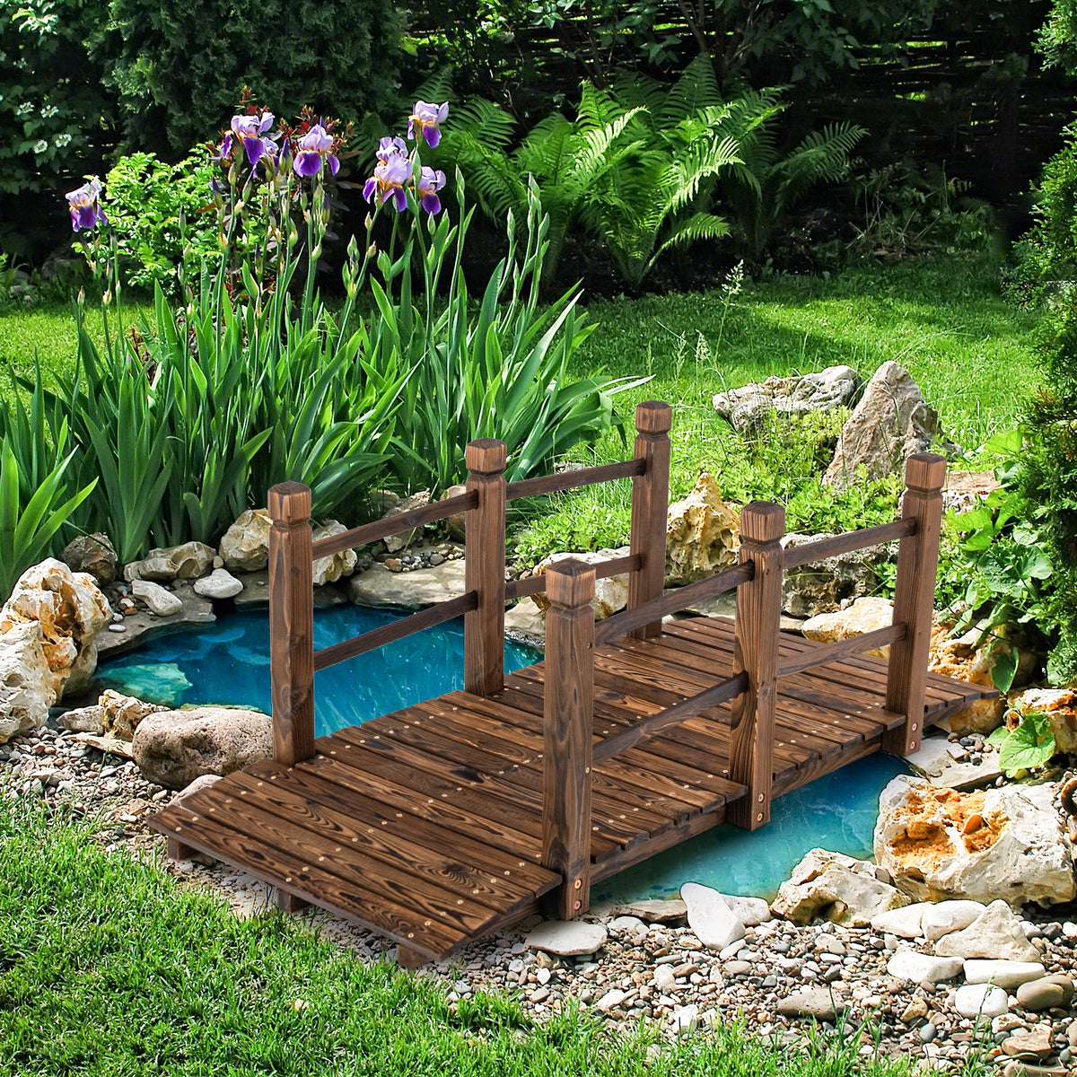 Arched Outdoor Footbridge, 5 FT Fir Wood Garden Crossing with Dual Safety Side Rails