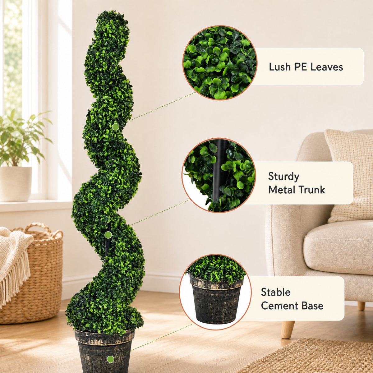 4ft Faux Boxwood Topiary Tree, Spiral Sun-Protected Potted Fake Plant with Cement-Filled Plastic Pot