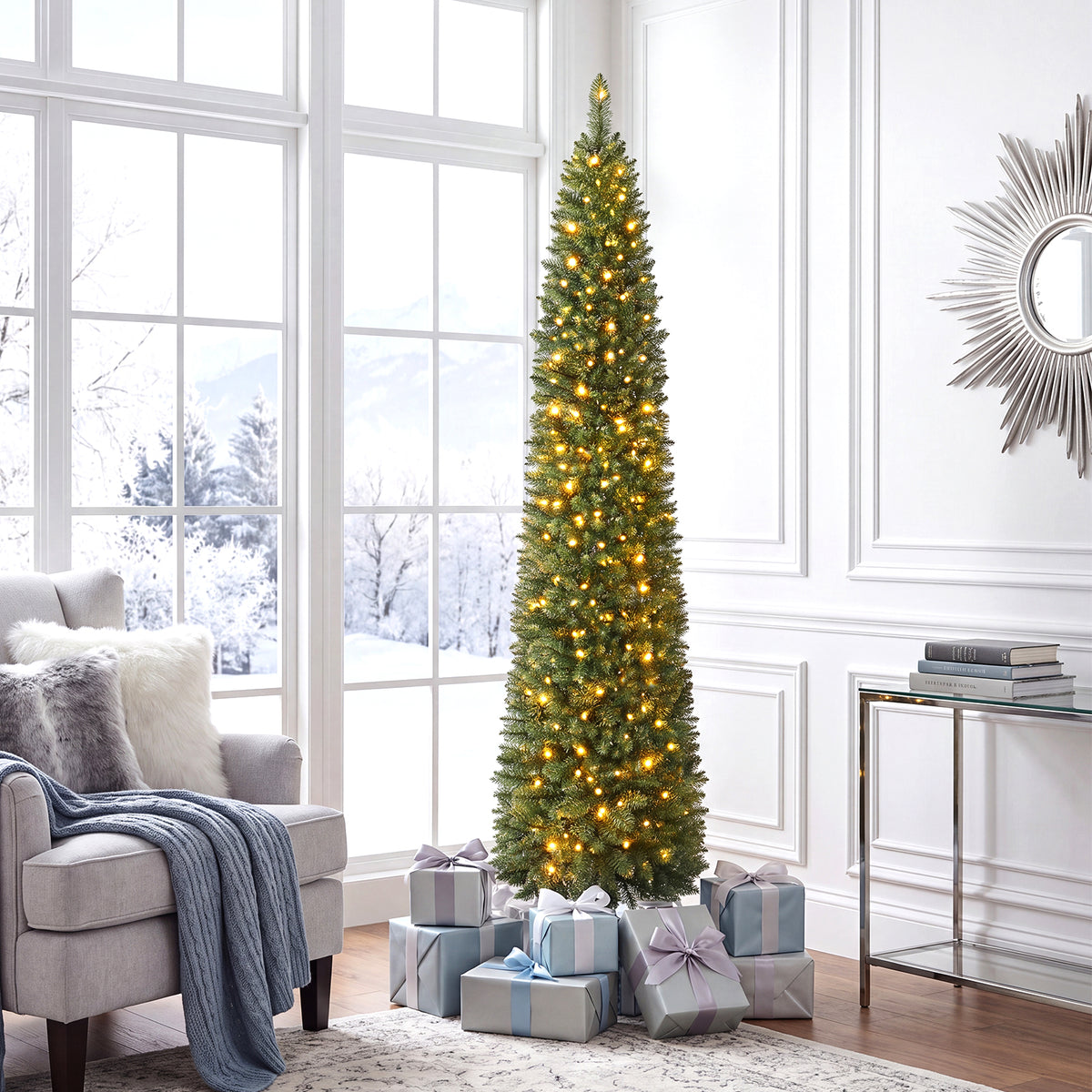 7FT Pre-Lit Pencil Christmas Tree, Slim Artificial Xmas Tree with Folding Metal Stand