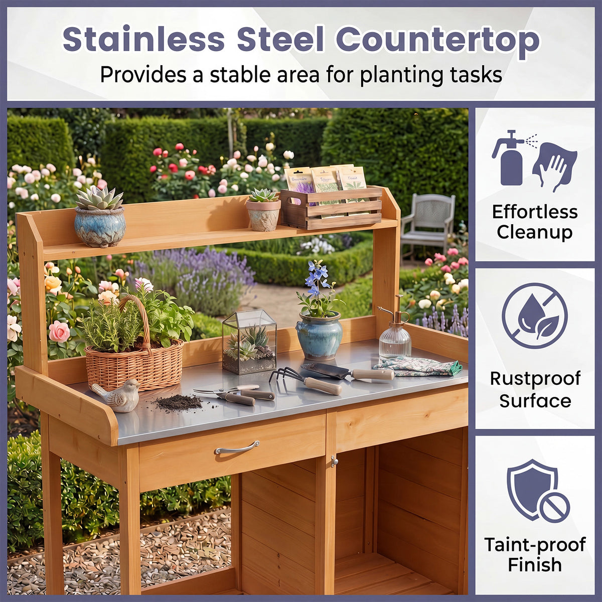 Wooden Potting Bench Table, Outdoor Garden Planting Table with Cabinet Drawer
