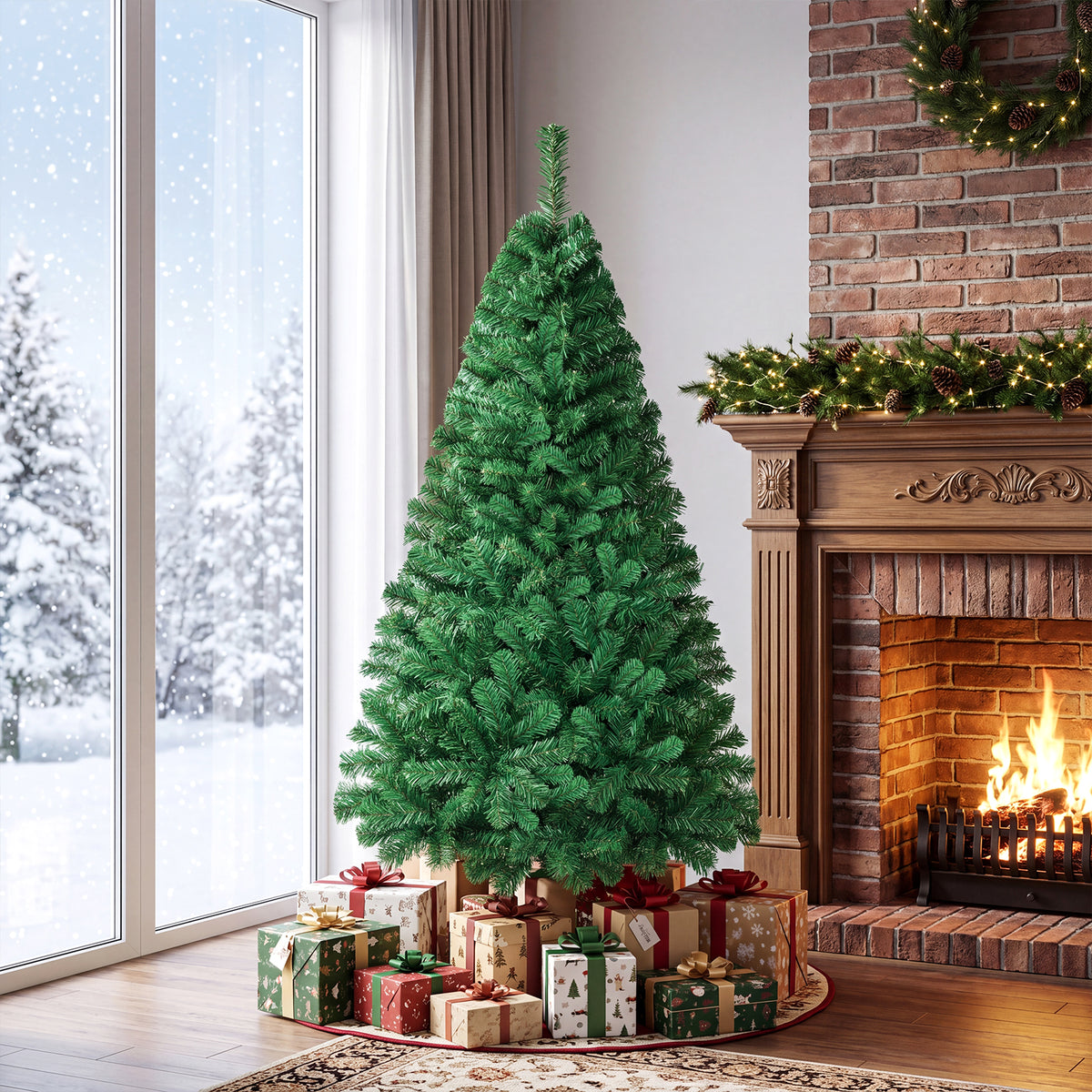 5/6/7/8 FT Artificial Christmas Tree, Unlit Full Xmas Pine Tree with 350/650/950/1138 Branch Tips & Folding Metal Stand
