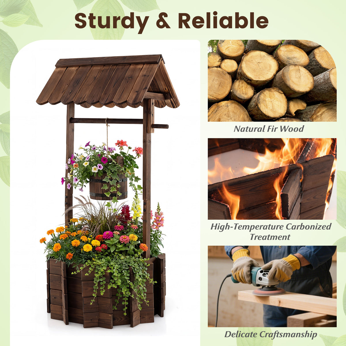 Rustic Outdoor Garden Decoration with Solid Fir Wood Construction, Wooden Wishing Well Planter with Hanging Bucket