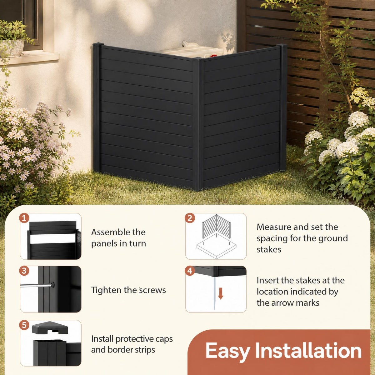 PP Privacy Fence Screen 123cm x 123cm, 2/4 Panels, No-Dig Air Conditioner Trash Can Pool Equipment Enclosure with Galvanized Ground Stakes