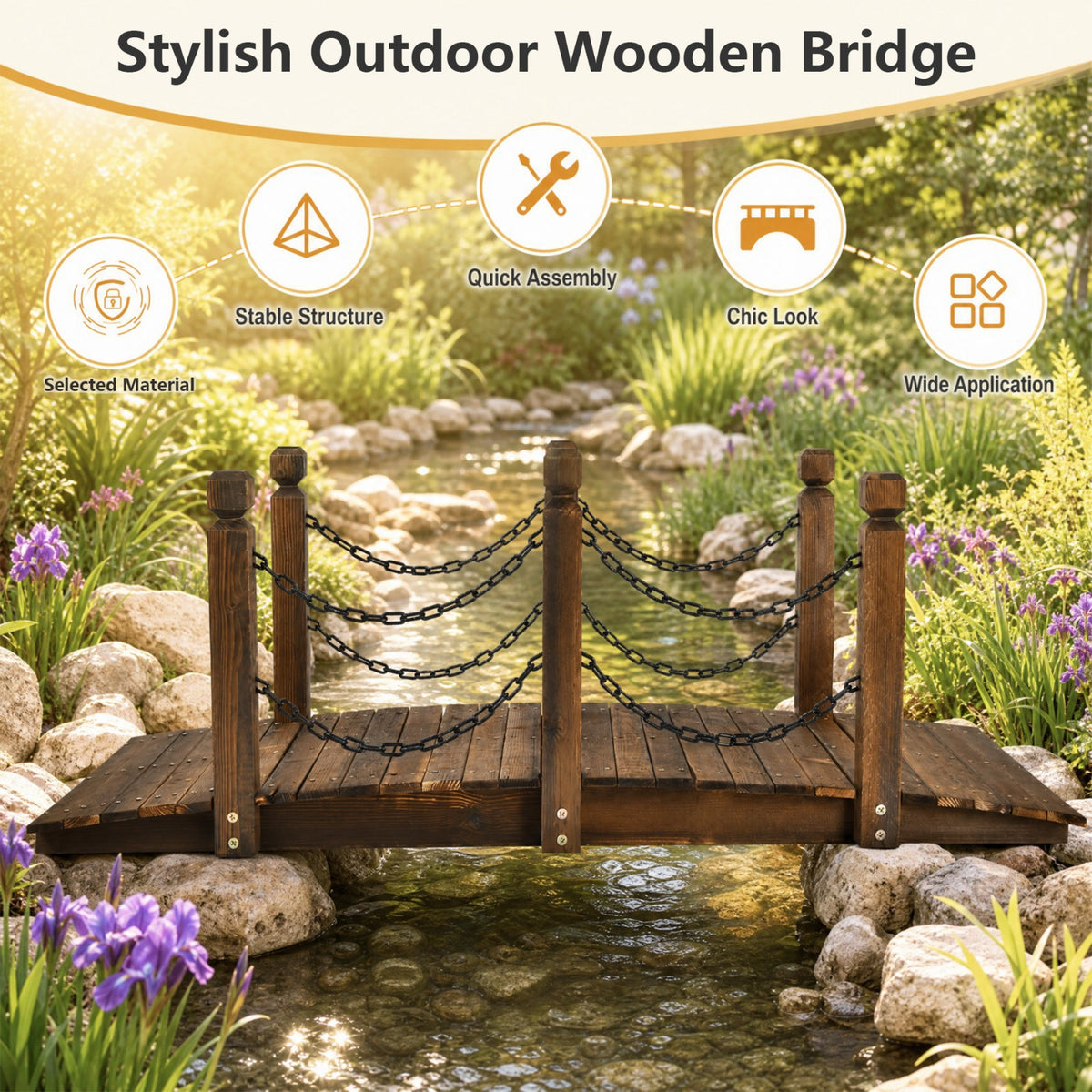 150cm Wooden Bridge, Arc Footbridge w/Safe Chain Railings, Outside Small Arc Pond Bridge