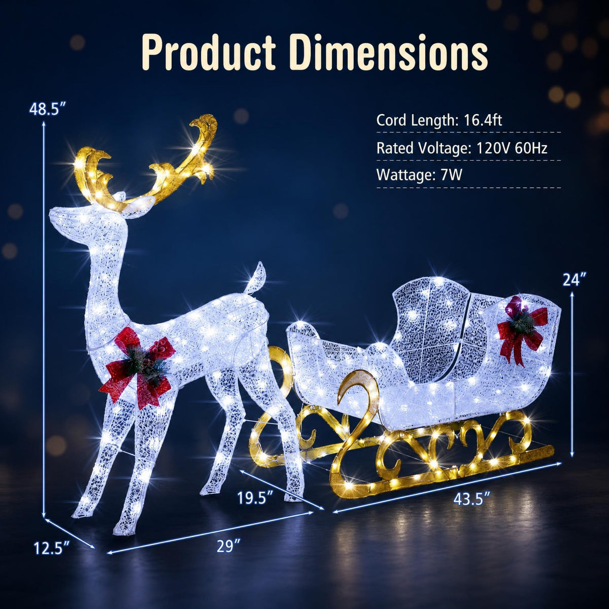 Pre-lit Artificial Christmas Decoration, Lighted Christmas Reindeer and Sleigh with LED Lights