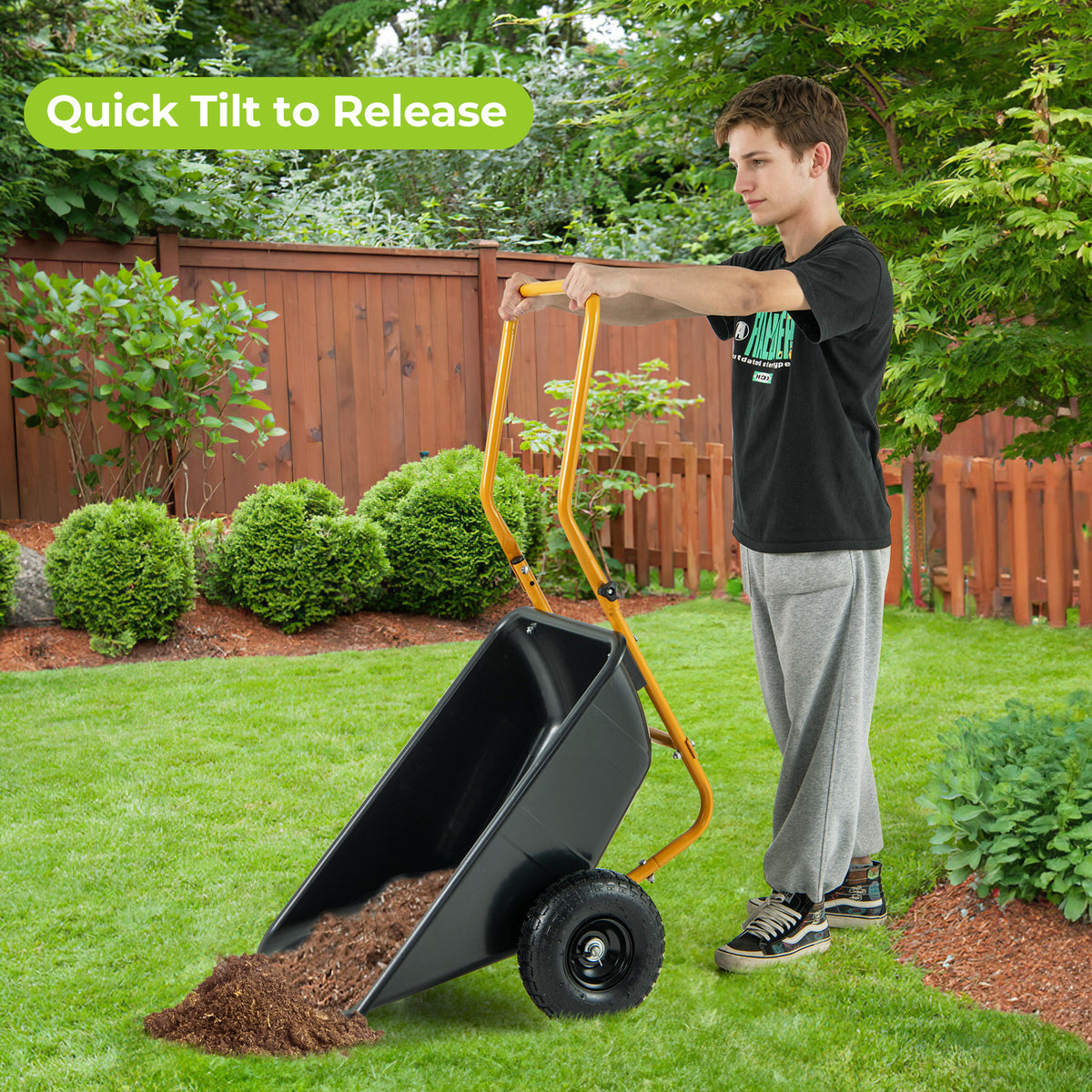 21-Gallon Dual-Wheel Wheelbarrow, Heavy-Duty Utility Cart with Pneumatic Tires and Foldable Handle