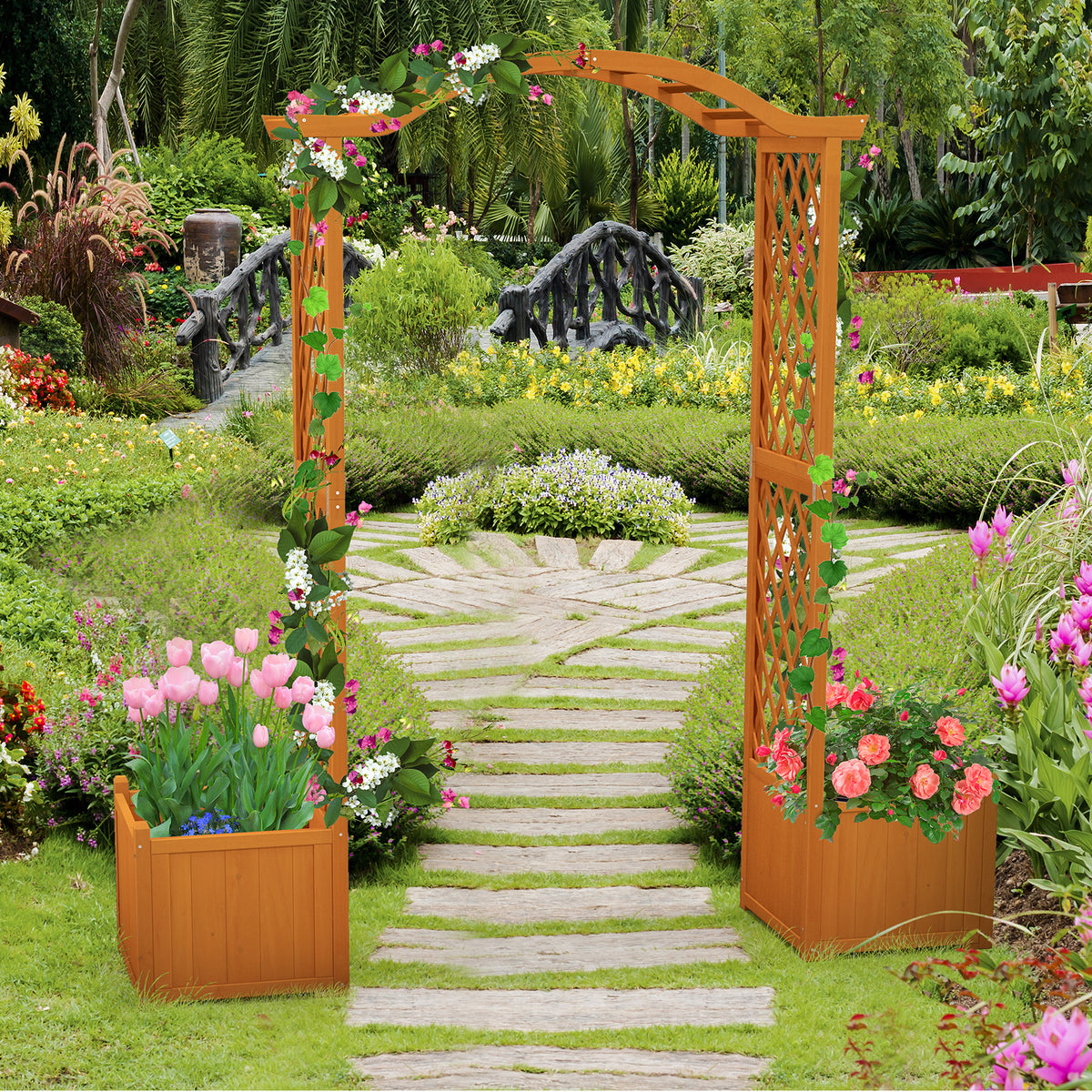 Wooden Garden Arbor with Planter Boxes, White Trellis Archway for Climbing Plants & Decorations