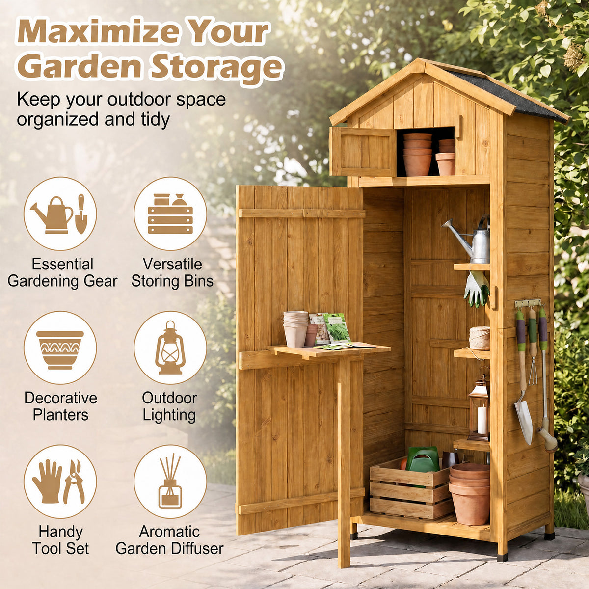 Outdoor Storage Shed, 70" Vertical Garden Shed Cabinet, Gray