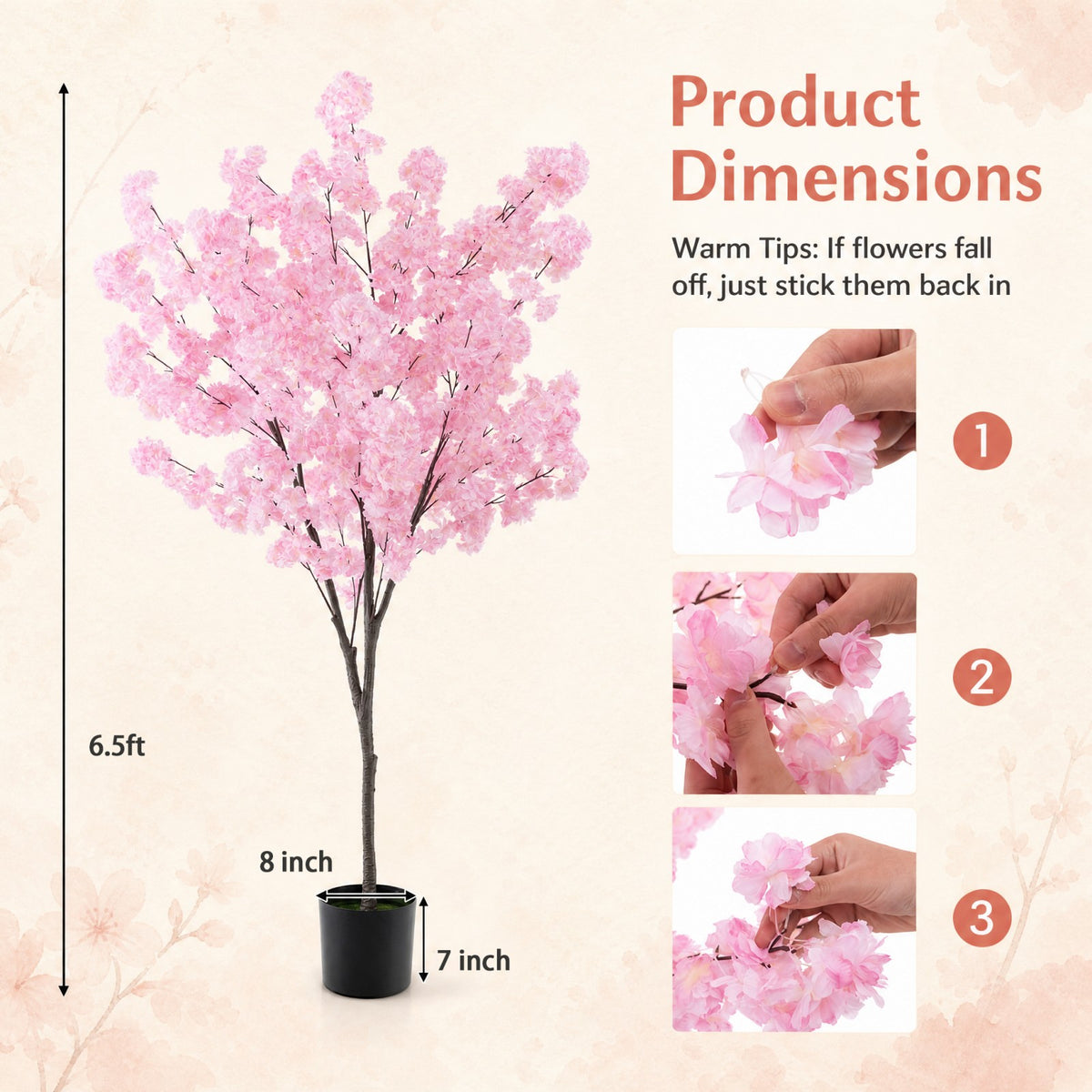 6.5FT Artificial Cherry Blossom Tree, Faux Pink Cherry Plant with Sturdy PE Trunk & Cement-Filled Nursery Pot