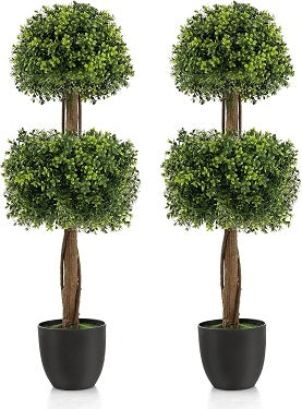 40" Artificial Boxwood Topiary Ball Tree, Double Ball Boxwood Plant with Cement-Filled Plastic Pot