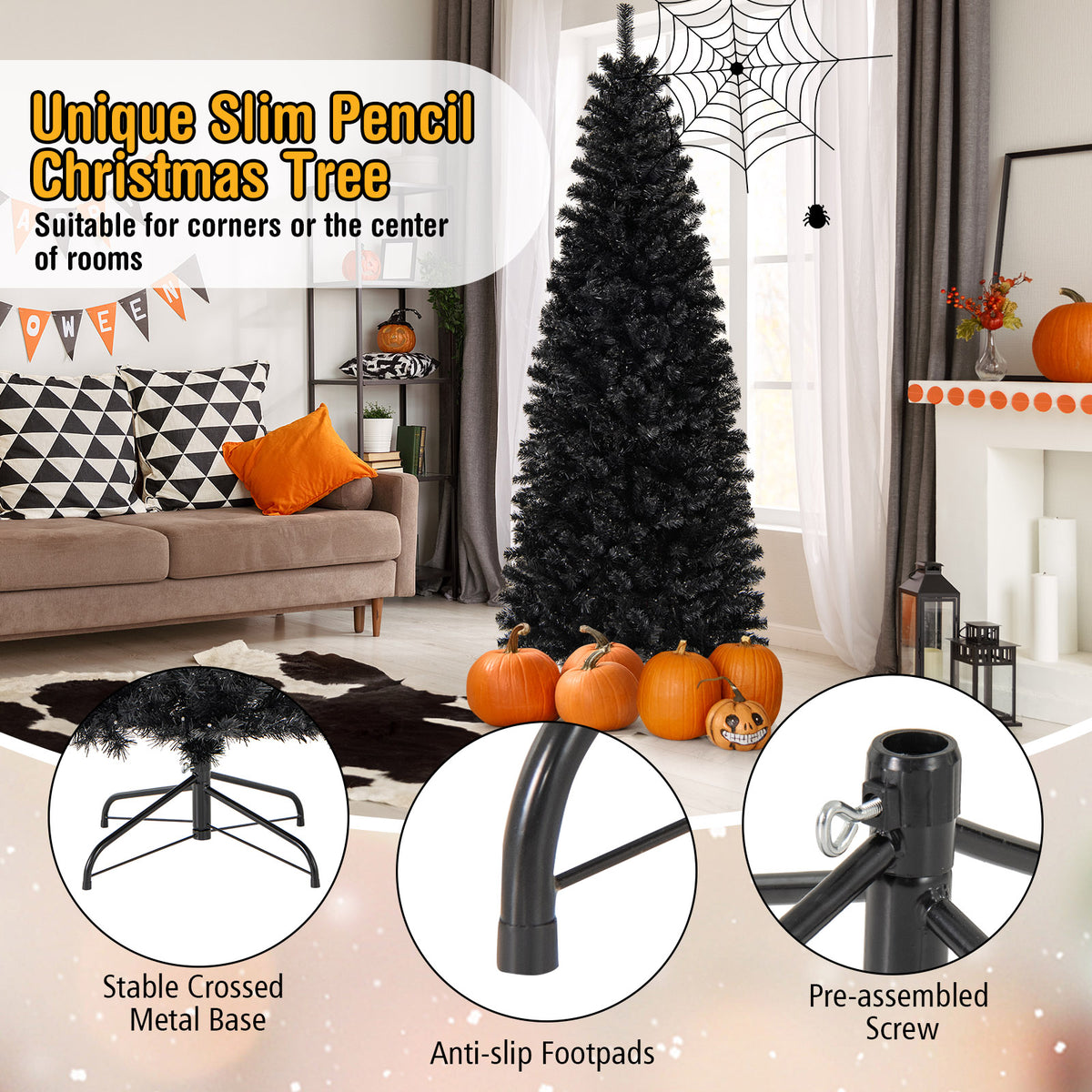 6FT Prelit Pencil Black Christmas Tree, Artificial Slim Xmas Tree with 618 Branch Tips