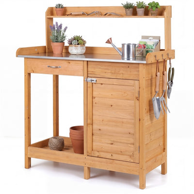 Garden Potting Bench Table with Stainless Steel Tabletop