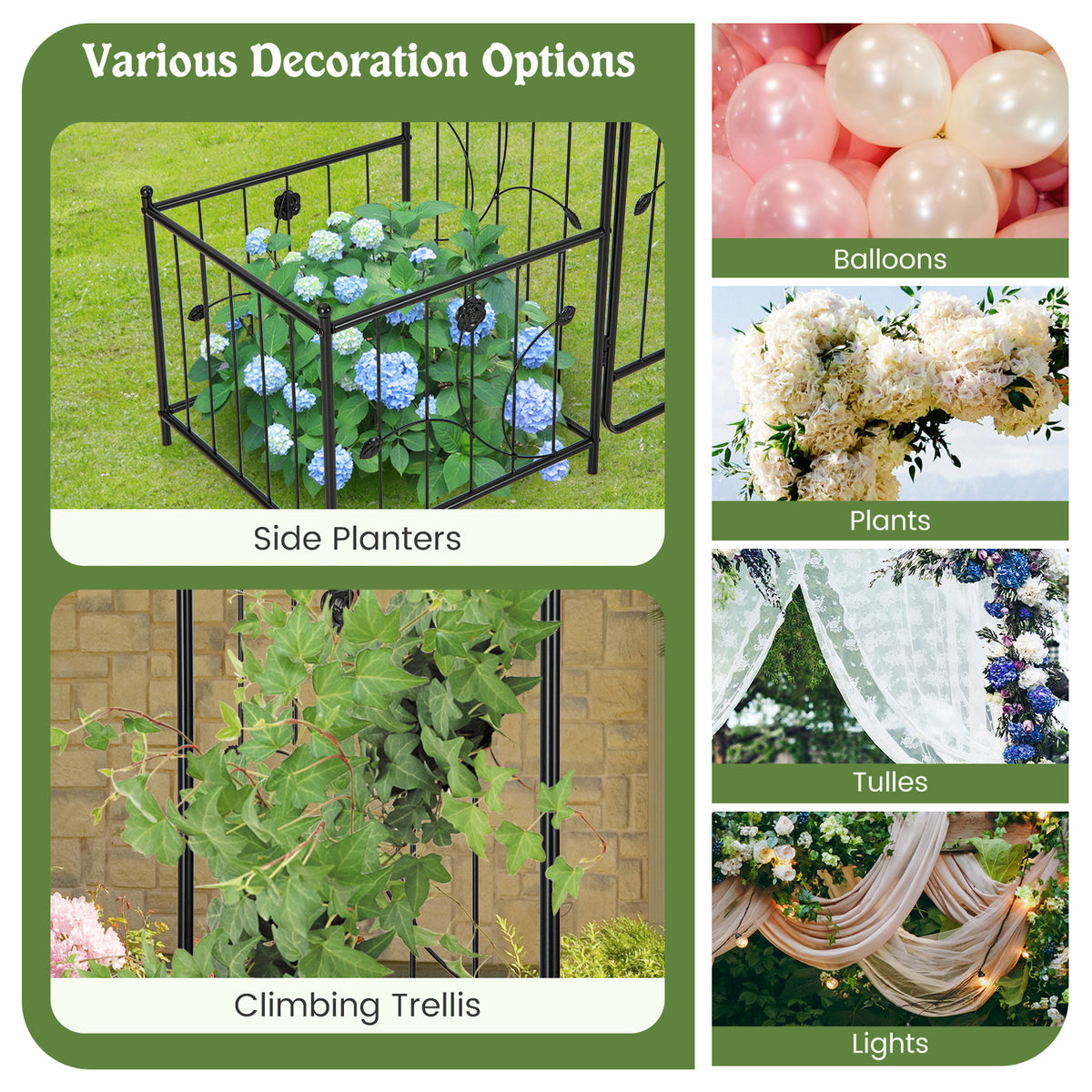 87" Steel Garden Arch with Planter Beds, Dig-Free Wedding Arbor w/Lockable Gates for Vines