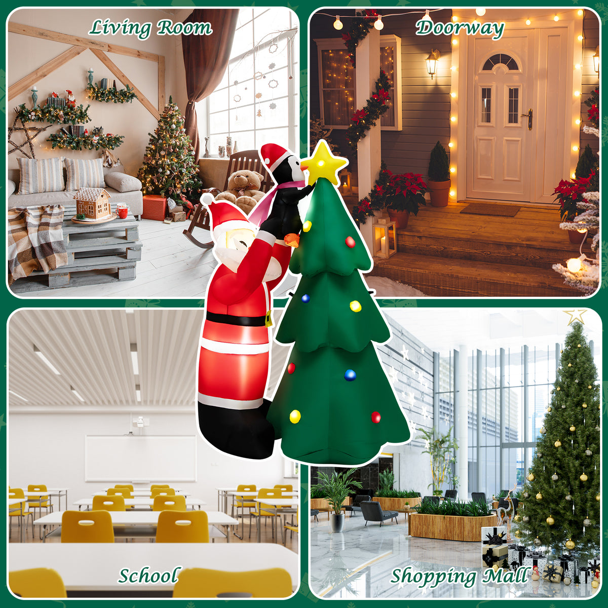 6FT Inflatable Christmas Decoration, Blow Up Christmas Tree & Santa Claus with Penguin