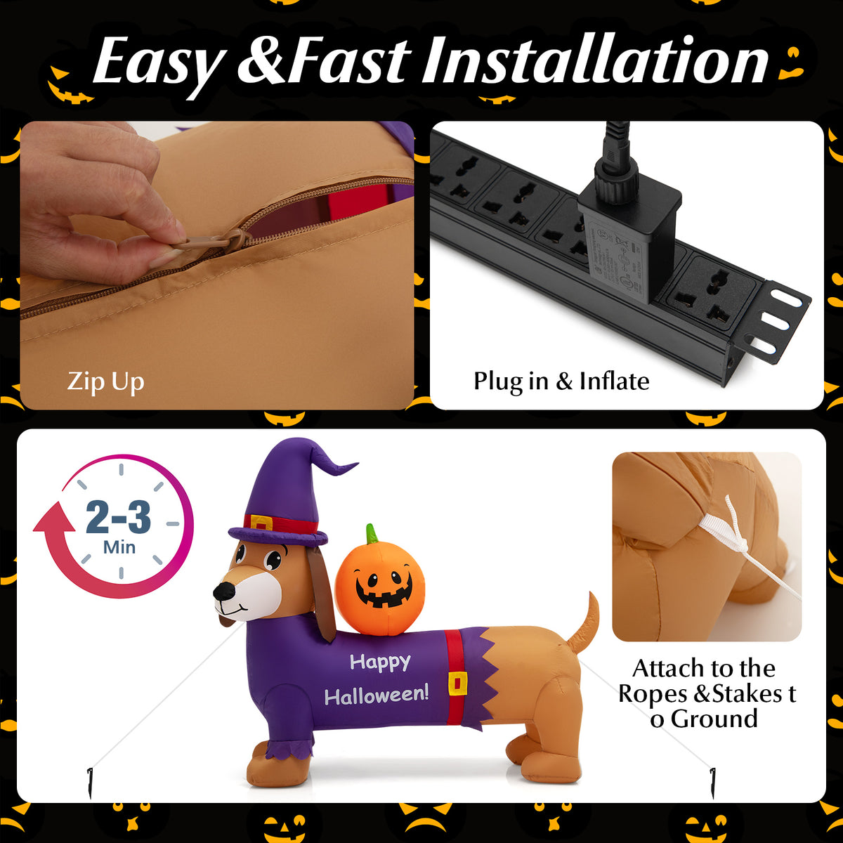 5FT Long Halloween Inflatable Dachshund, Blow Up Wiener Dog with Pumpkin & Witch Hat