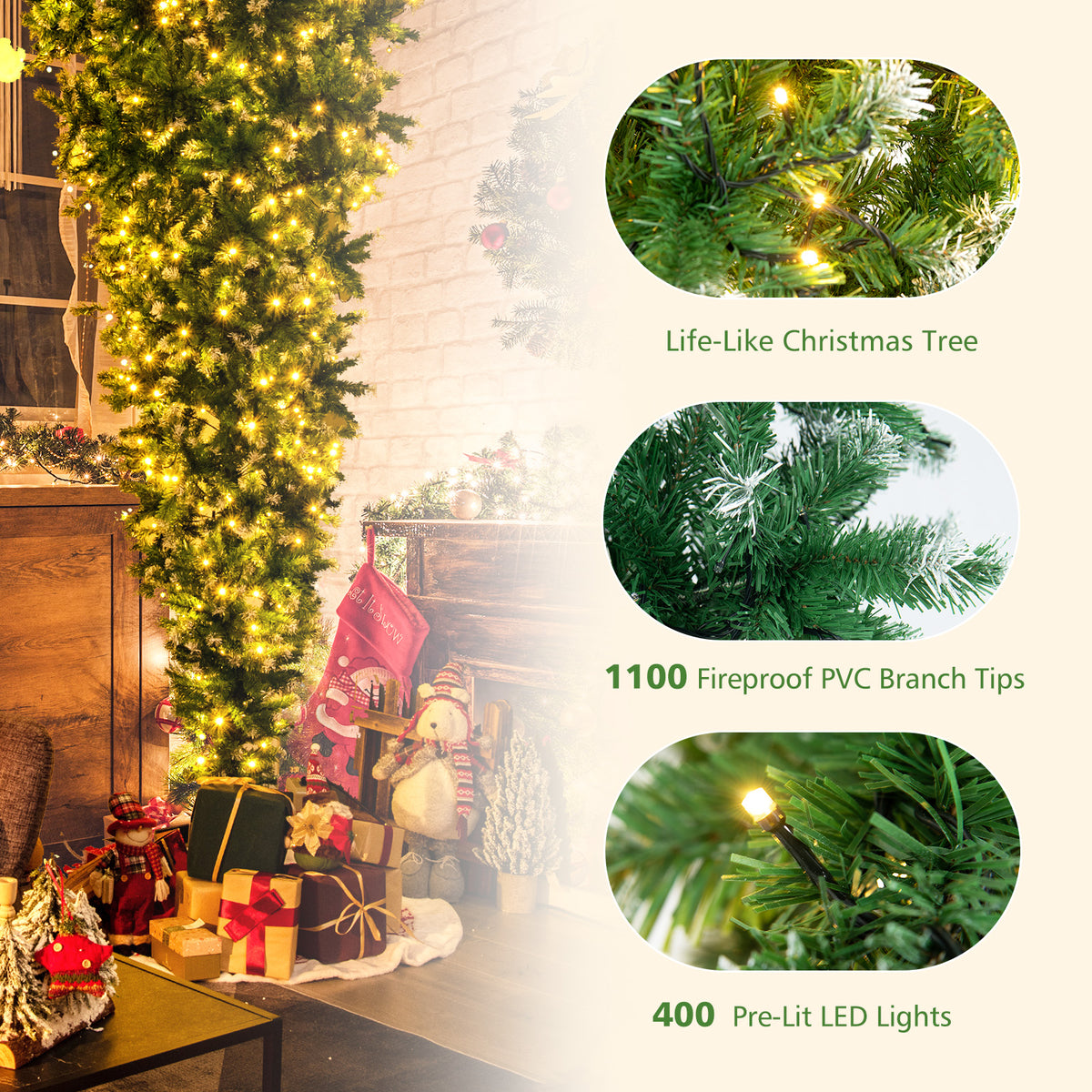 7.5 FT Pre-lit Upside Down Christmas Tree, Snow Flocked Artificial Xmas Tree with 1100 PVC Branch Tips