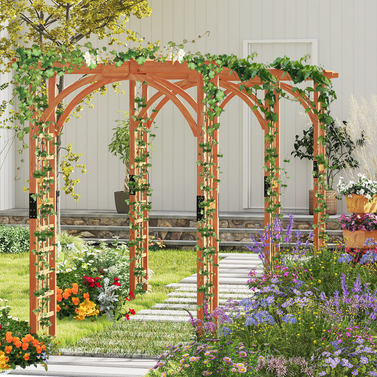 Outdoor Wood Arbor Arch, Natural Solid Wood Garden Arch Arbor Trellis for Climbing Plants